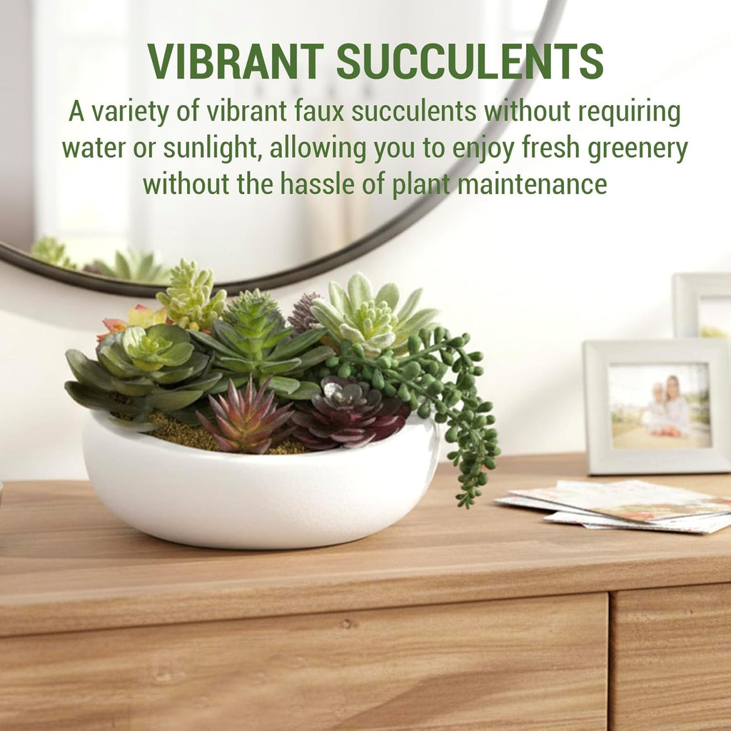 MyGift 8 Inch Round Modern Artificial Succulent Arrangement Potted in White Concrete Plant Bowl, Assorted Faux Mini Succulents in a Decorative Planter Pot