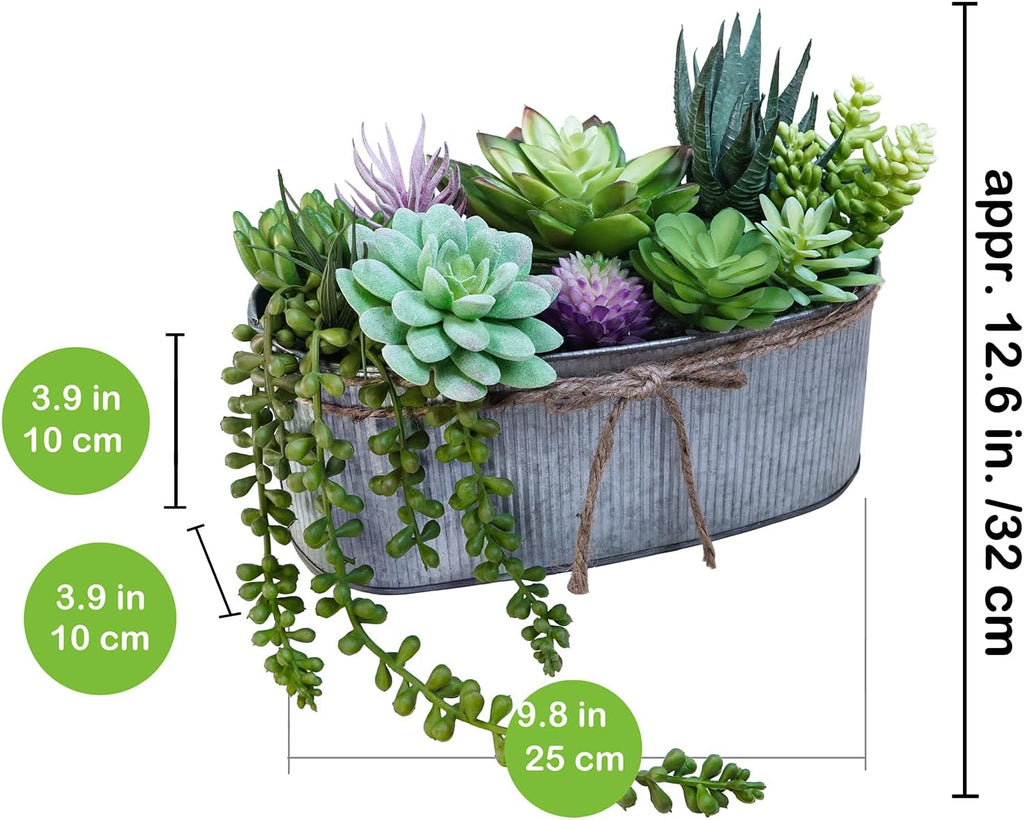 Winlyn 10" Artificial Succulent Arrangement Centerpiece Fake Succulent Plants in Rustic Metal Oval Planter Faux Potted Succulents for Home Office Bedroom Table Windowsill Shelf Mantel Decor