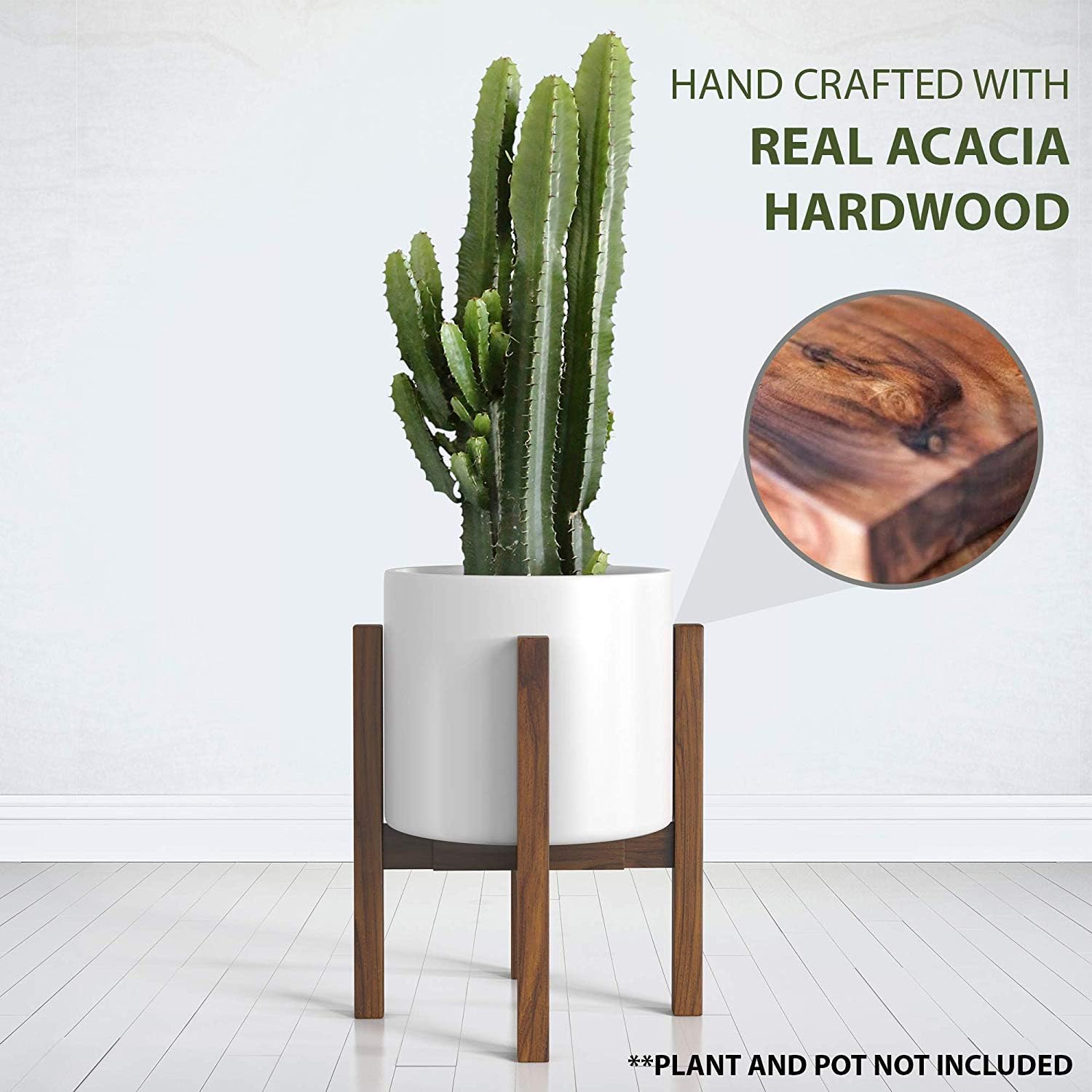 Mid Century Plant Stand - Solid Wood Item Stand Handmade with Acacia - Fits Medium & Large Pots Sizes 8 to 12 inches (Not Included) (Adjustable Width: 8-12 inches, Dark Brown)