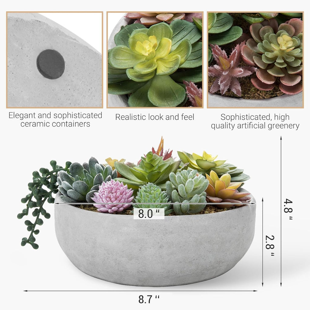 MyGift 8 Inch Round Modern Artificial Succulent Arrangement Potted in Gray Concrete Plant Bowl, Assorted Faux Mini Succulents in a Decorative Planter Pot