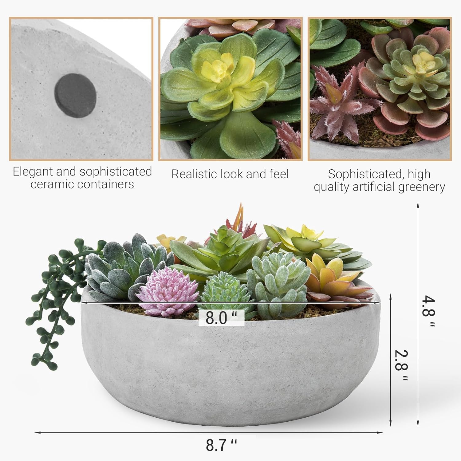 MyGift 8 Inch Round Modern Artificial Succulent Arrangement Potted in Gray Concrete Plant Bowl, Assorted Faux Mini Succulents in a Decorative Planter Pot