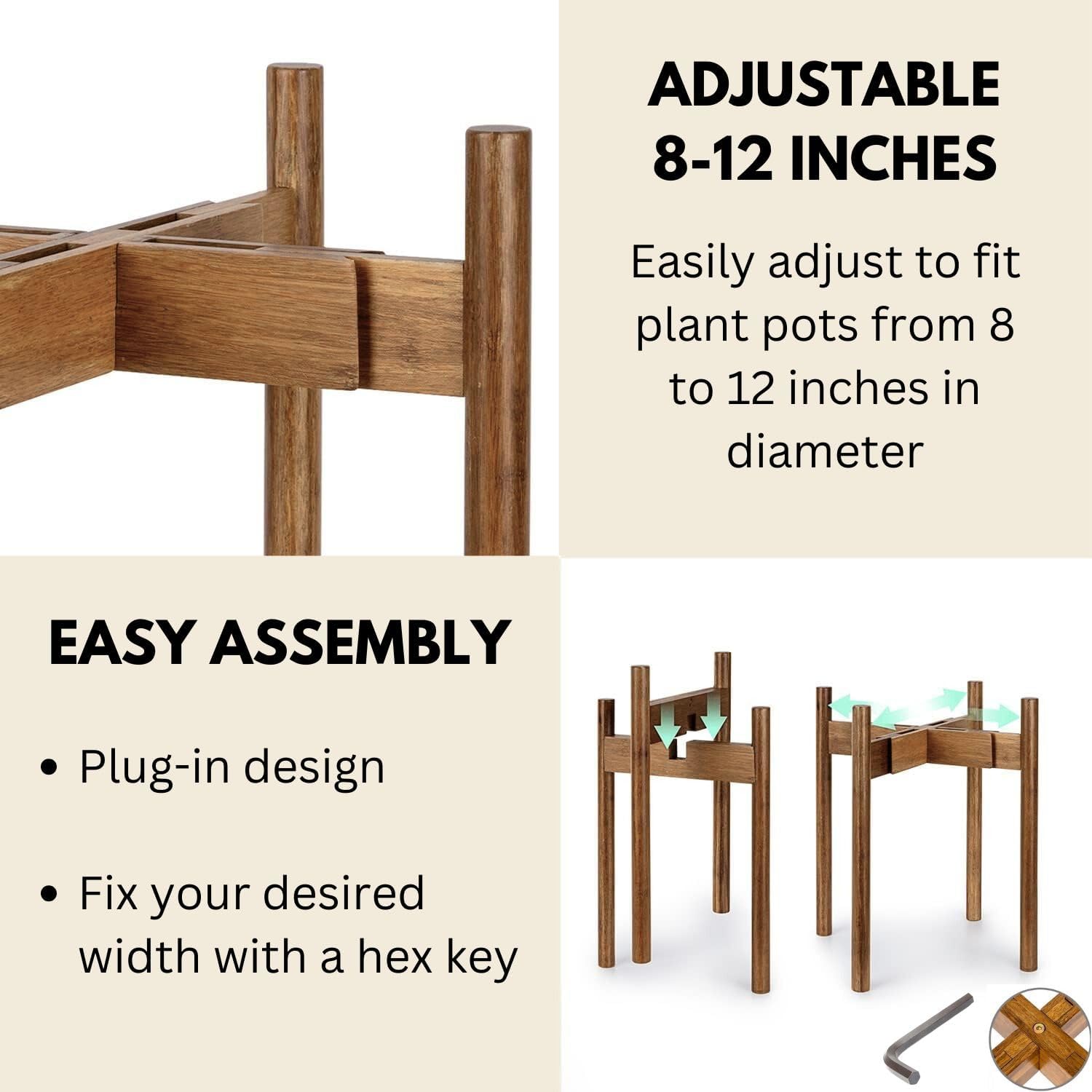 Fox & Fern Adjustable Tall Plant Stand Indoor — 8 to 12 Inch Mid Century Bamboo Plant Stand with Adjustable Width - Plug In Design - Easy to Assemble - Two Heights - For 8, 9, 10, 11 & 12 In Pots