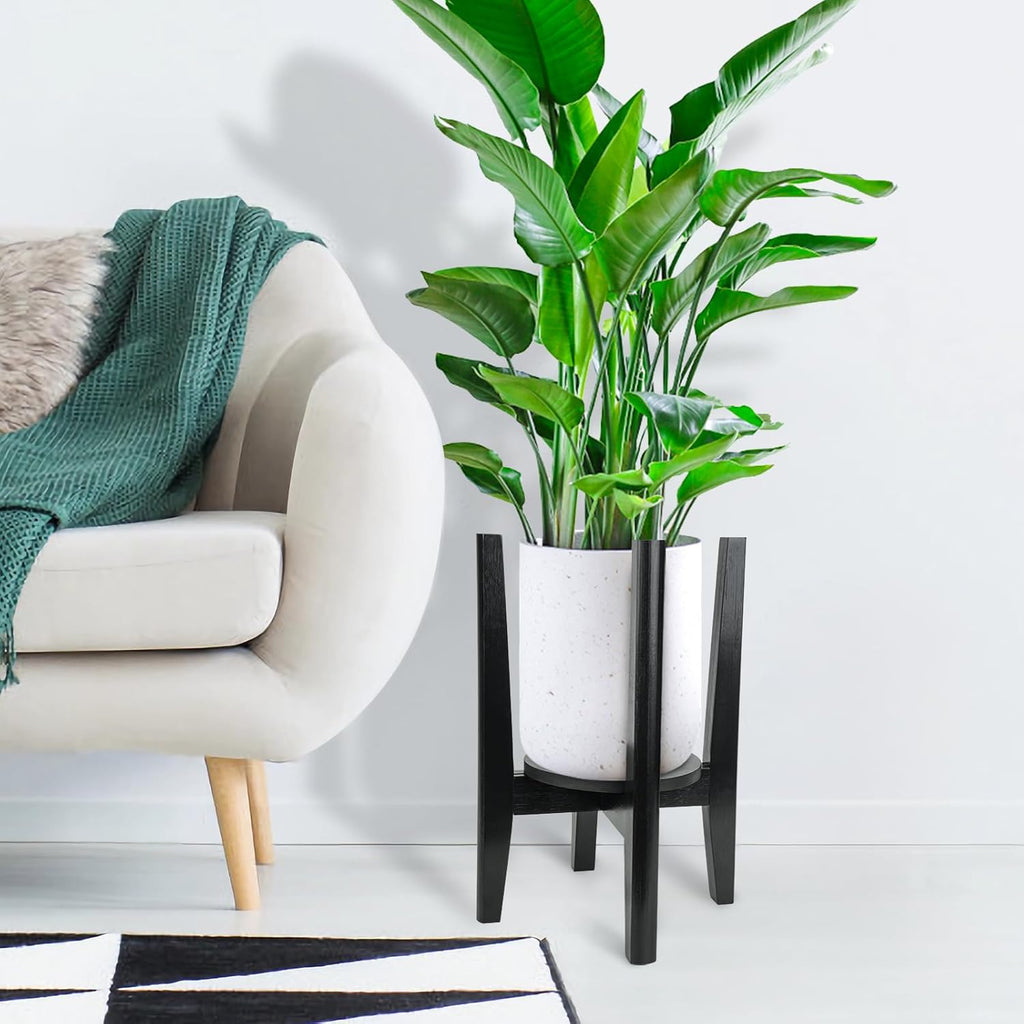 2 Packs Adjustable Plant Stand with Tray,Indoor Wood Plant Stand Fit 8'' to 12'' Planter,Mid Century Modern Flower Pot Holder Rack(Plant and Pot Not Included) Black