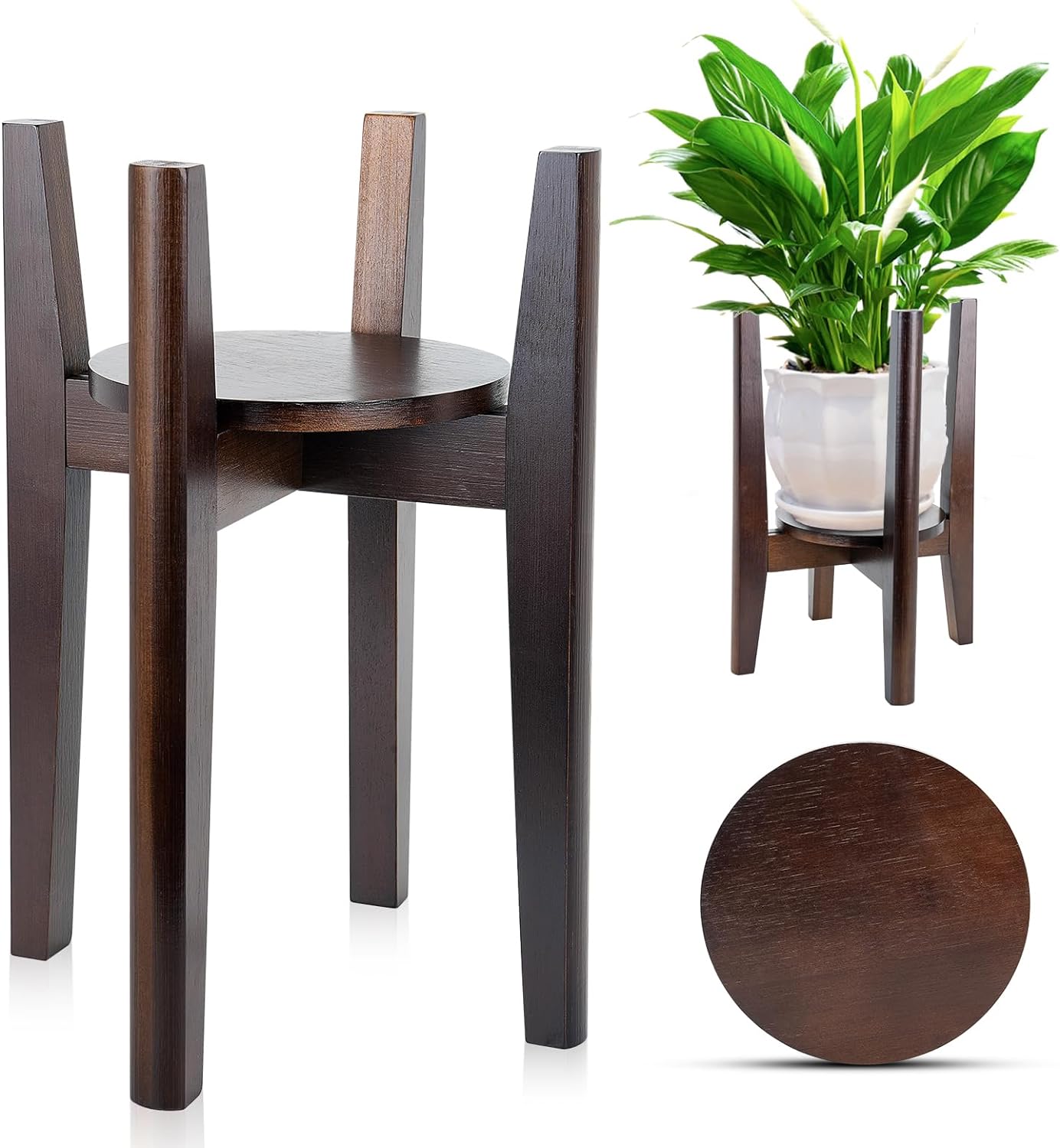 2 Packs Adjustable Plant Stand with Tray,Indoor Wood Plant Stand Fit 8'' to 12'' Planter,Mid Century Modern Flower Pot Holder Rack(Plant and Pot Not Included) Black