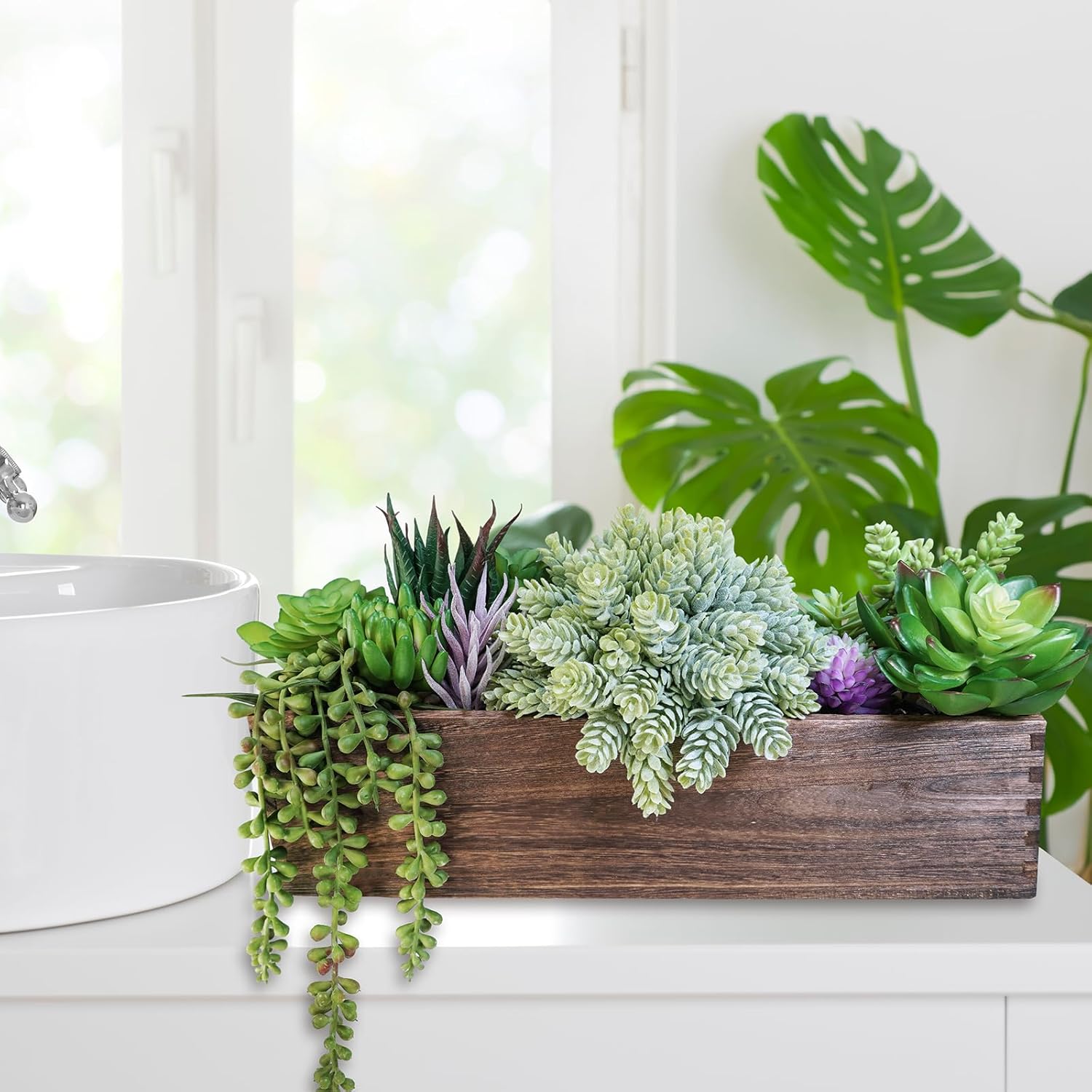 Winlyn 15" Assorted Artificial Succulent Arrangement Assorted Succulents in Rectangular Wooden Planter Faux Potted Plant for Farmhouse Table Centerpiece Windowsill Shelf Desk Mantel Greenery Décor