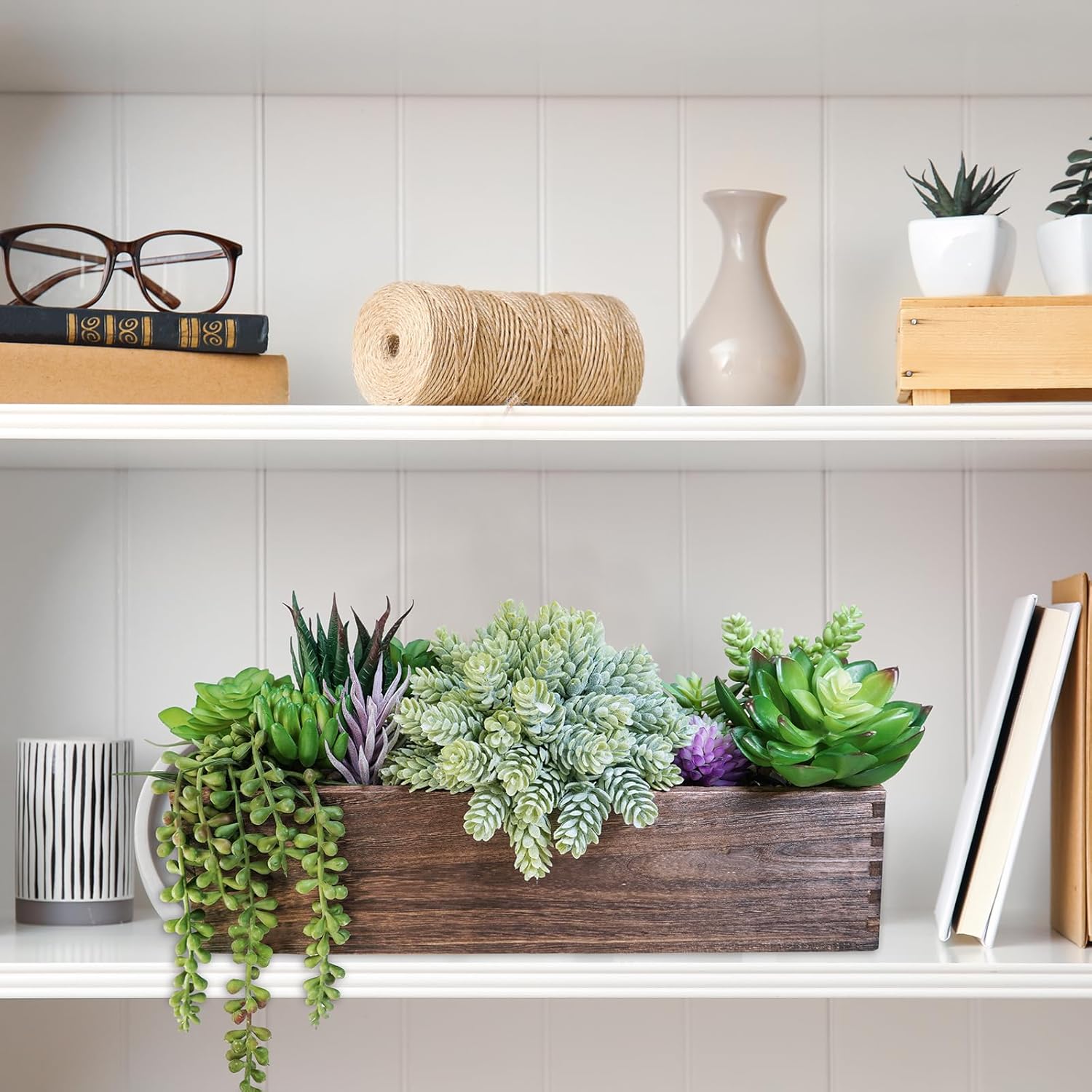 Winlyn 15" Assorted Artificial Succulent Arrangement Assorted Succulents in Rectangular Wooden Planter Faux Potted Plant for Farmhouse Table Centerpiece Windowsill Shelf Desk Mantel Greenery Décor