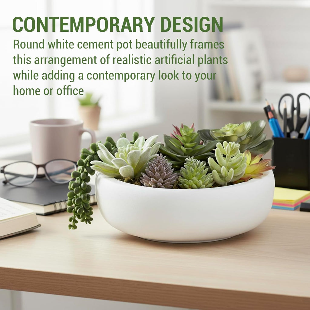 MyGift 8 Inch Round Modern Artificial Succulent Arrangement Potted in White Concrete Plant Bowl, Assorted Faux Mini Succulents in a Decorative Planter Pot