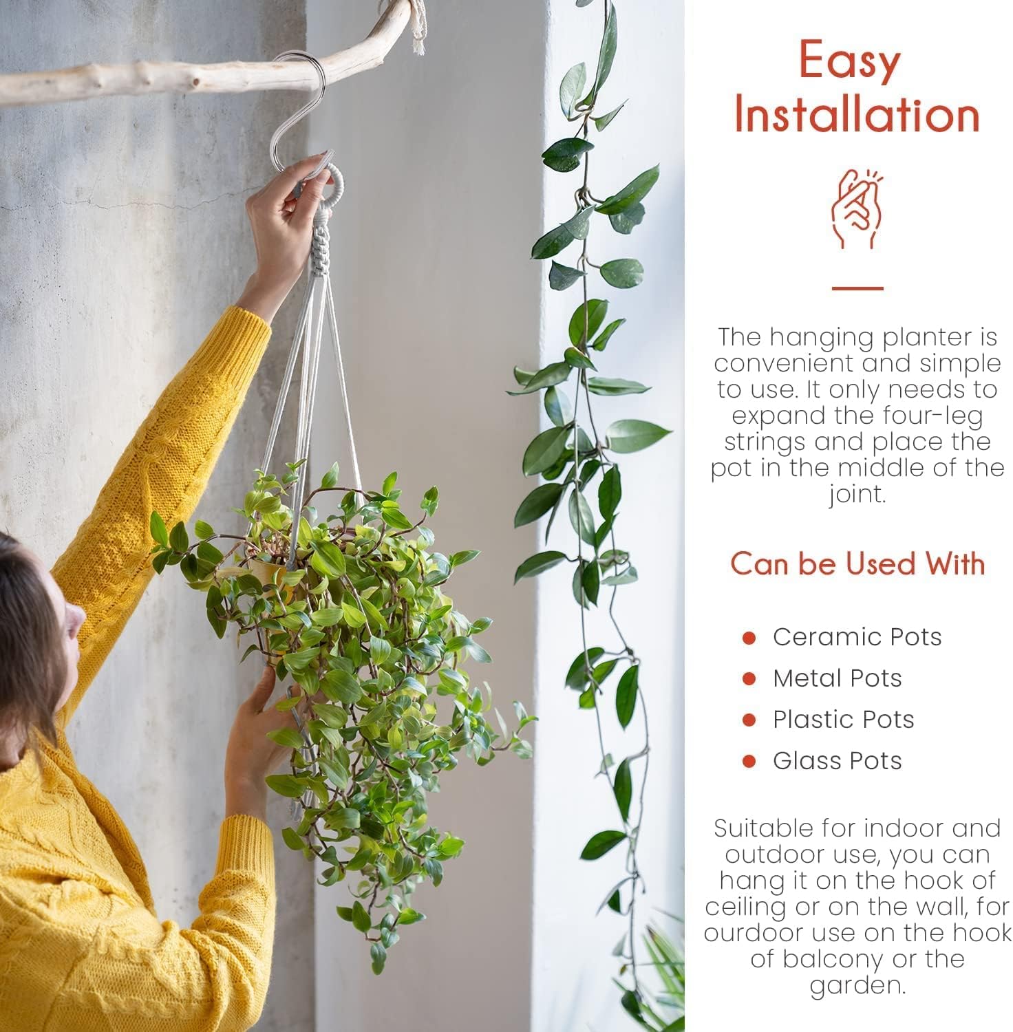 Plant Hanger Indoor, Macrame Plant Hangers Indoor Macrame Hanging Planters for Indoor Plants - 6 Pack Hanging Plant Holders Indoor Hanging, Macromay Plant Hangers for Indoor Plant Hanger,Gray