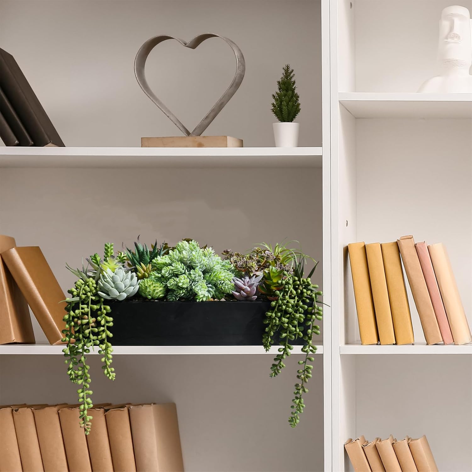 Winlyn 15" Artificial Succulent Arrangement Faux Succulents in Rustic Black Rectangular Wooden Planter Faux Potted Plants for Party Table Centerpiece Mantel Shelf Windowsill Tabletop Greenery Decor
