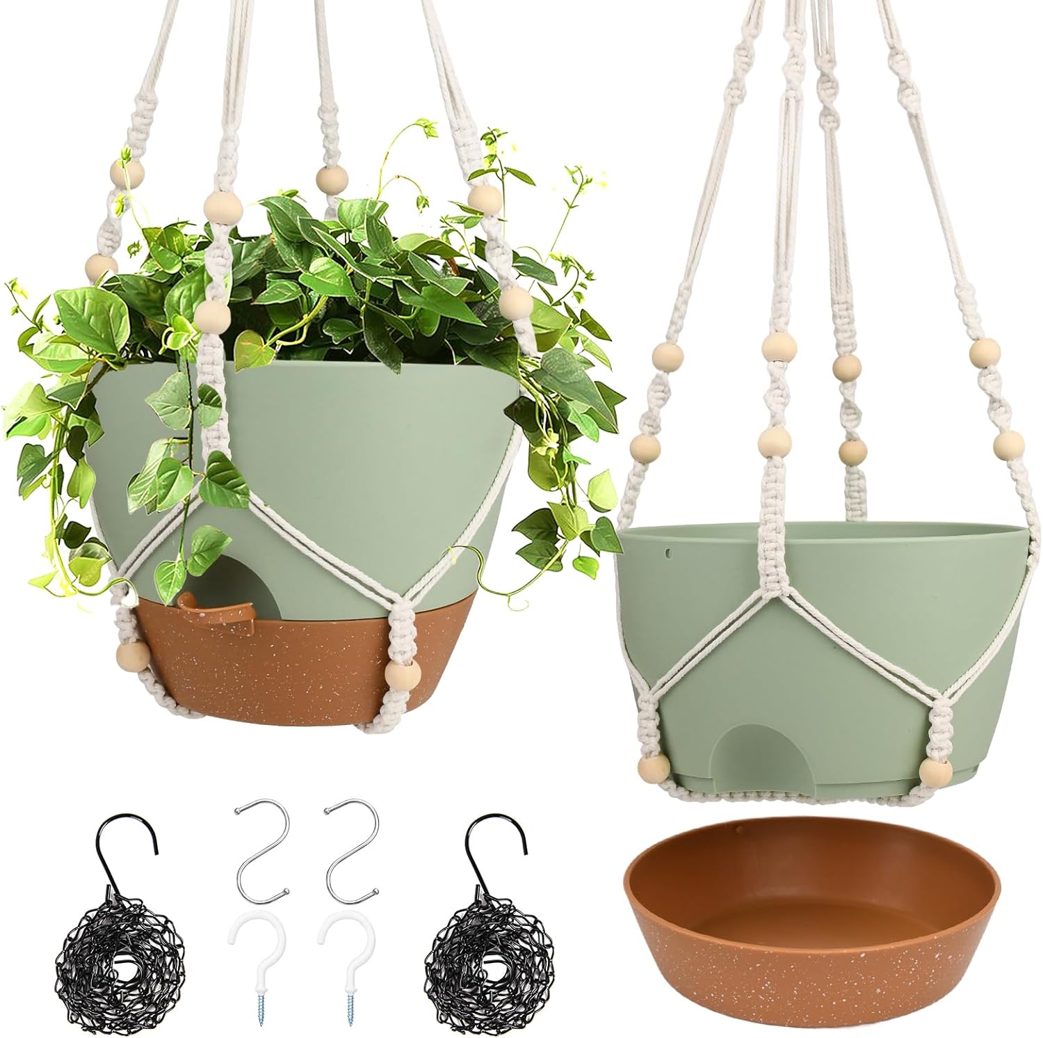 41.5 Inch Macrame Plant Hanger Indoor Outdoor with 12 Inch Flower Pot, Hanging Planter for Plants Holder with Wood Beads for Boho Home Decor (Ivory+White)