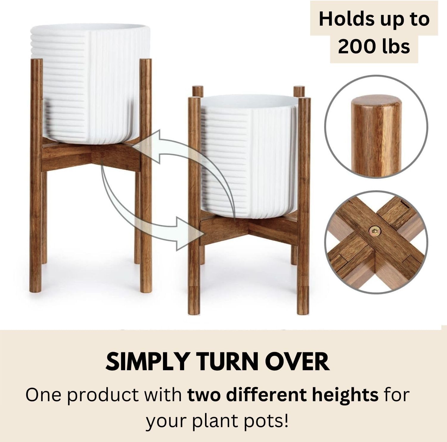 Fox & Fern Adjustable Plant Stand Indoor — 8 to 12 Inch Premium Mid Century Bamboo Plant Stand with Adjustable Width; Plug In Design; Easy to Assemble; Two Heights - For 8, 9, 10, 11 & 12 Inch Pots