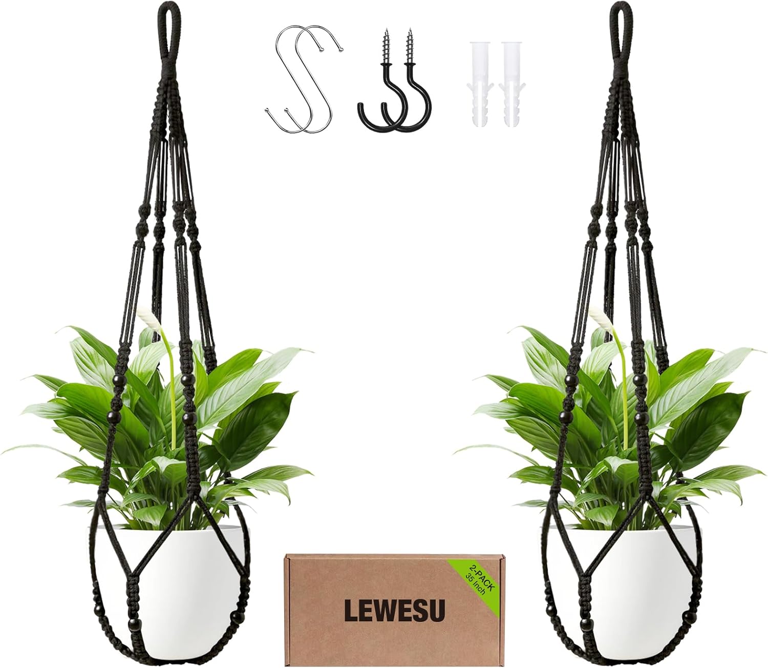 Jute Macrame Plant Hanger Indoor Set of 4 Hanging Planter Basket Flower Pot Holder with Decorative Wood Beads & No Tassels for Indoor Outdoor Boho Home Decor, 35 Inch Brown (Pots Not Included)