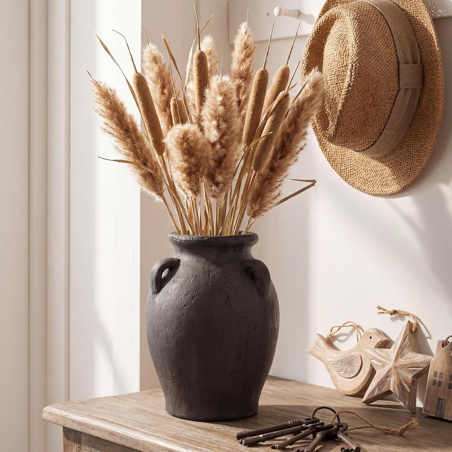 Rustic Ceramic Distressed Vase, 9.5"H Handmade Terracotta Vases with 3 Ear Handles, Decorative Flower Vase for Centerpieces, Vintage Wabi Sabi Farmhouse Decor for Entryway, Fireplace & Shelf