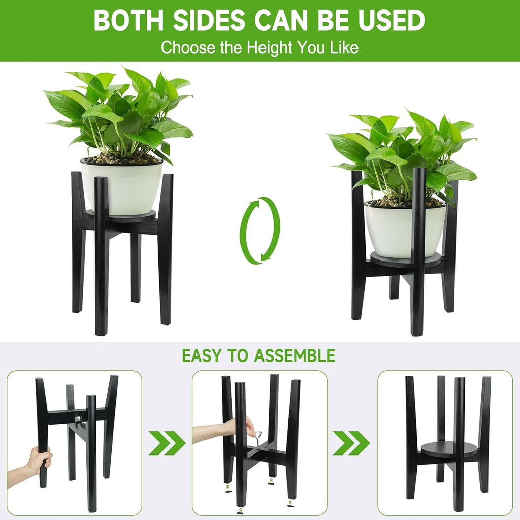 2 Packs Adjustable Plant Stand with Tray,Indoor Wood Plant Stand Fit 8'' to 12'' Planter,Mid Century Modern Flower Pot Holder Rack(Plant and Pot Not Included) Black