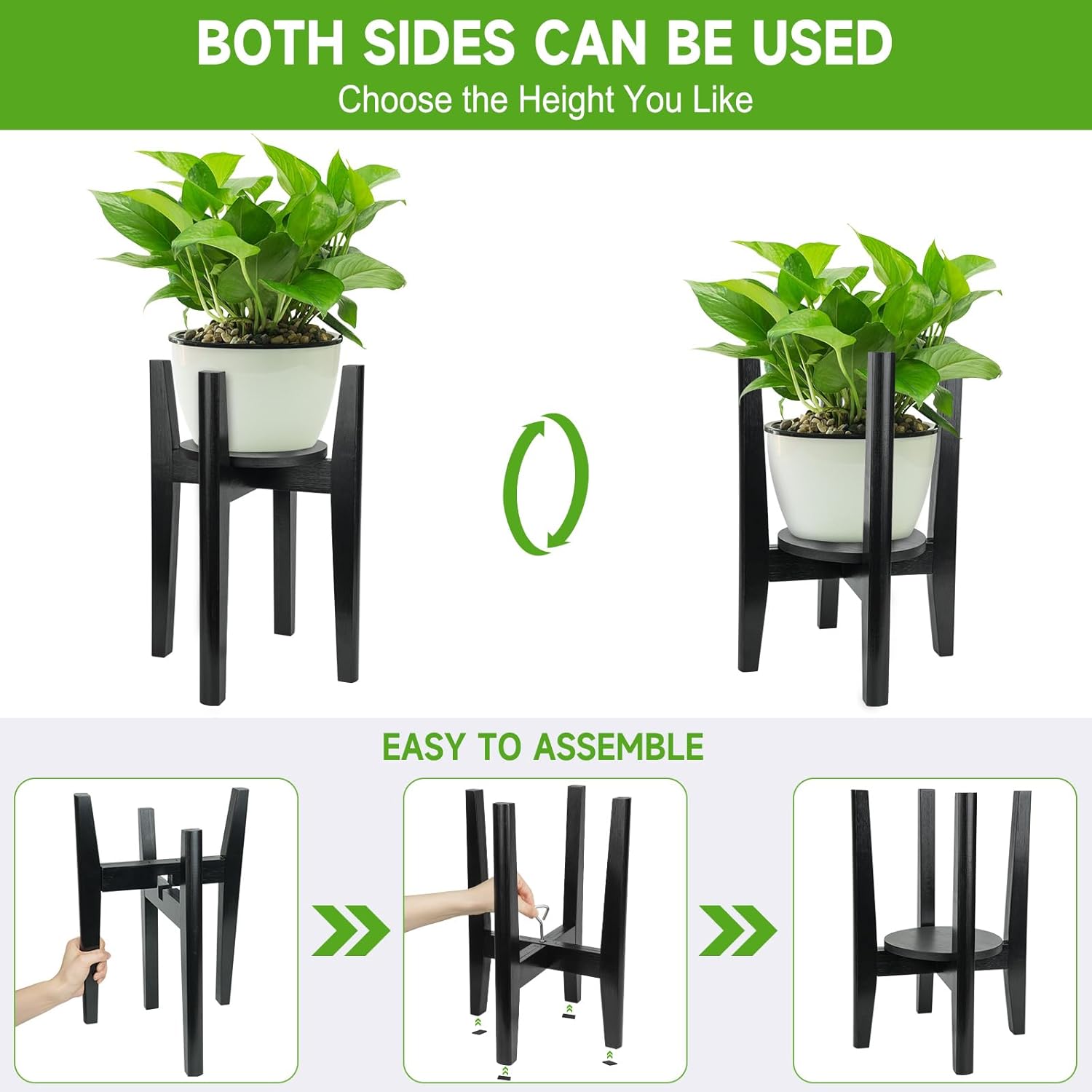 2 Packs Adjustable Plant Stand with Tray,Indoor Wood Plant Stand Fit 8'' to 12'' Planter,Mid Century Modern Flower Pot Holder Rack(Plant and Pot Not Included) Black