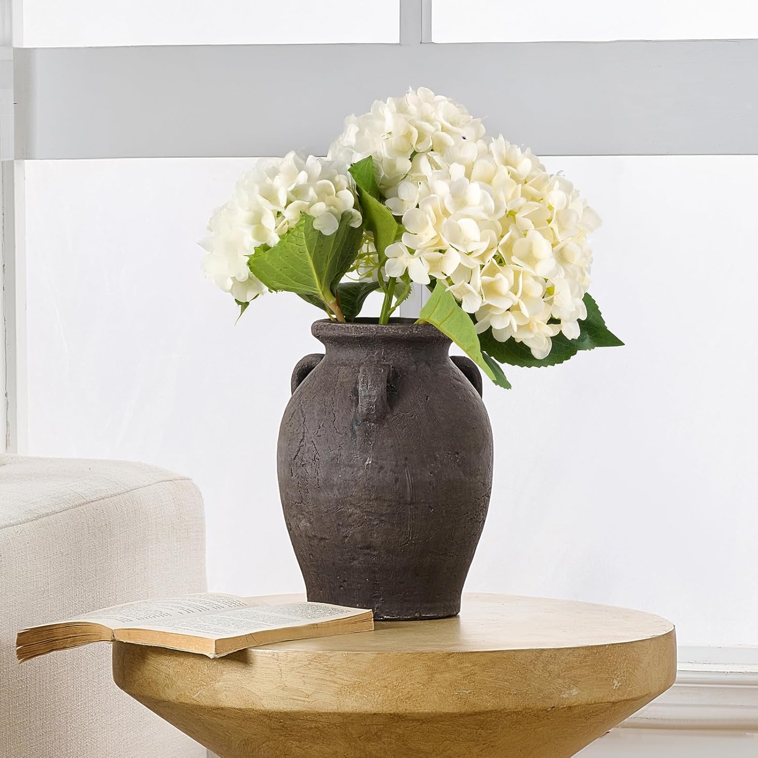 Rustic Ceramic Distressed Vase, 9.5"H Handmade Terracotta Vases with 3 Ear Handles, Decorative Flower Vase for Centerpieces, Vintage Wabi Sabi Farmhouse Decor for Entryway, Fireplace & Shelf