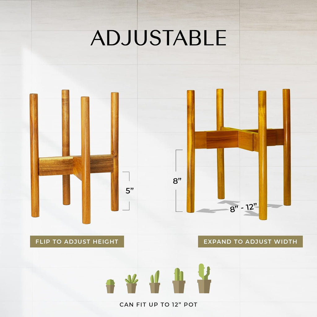 Acacia Hardwood Adjustable Plant Stand Indoor, Planter Stand Pot, Mid Century Modern Planter Holder for Indoor Plants, Outdoor Pedestal fits 8 9 10 11 12 Inches Pots, Wooden Pedestal Only