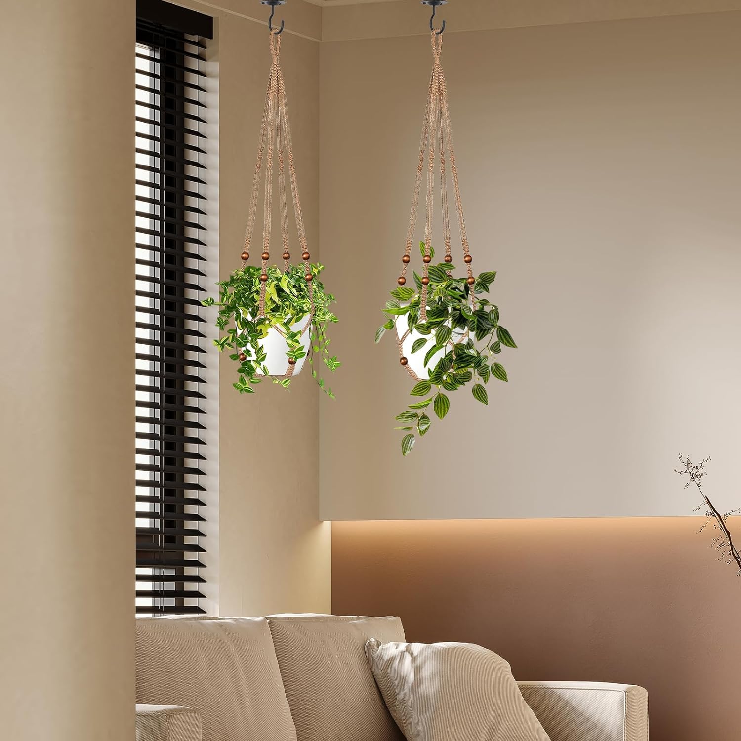 Jute Macrame Plant Hanger Indoor Set of 4 Hanging Planter Basket Flower Pot Holder with Decorative Wood Beads & No Tassels for Indoor Outdoor Boho Home Decor, 35 Inch Brown (Pots Not Included)