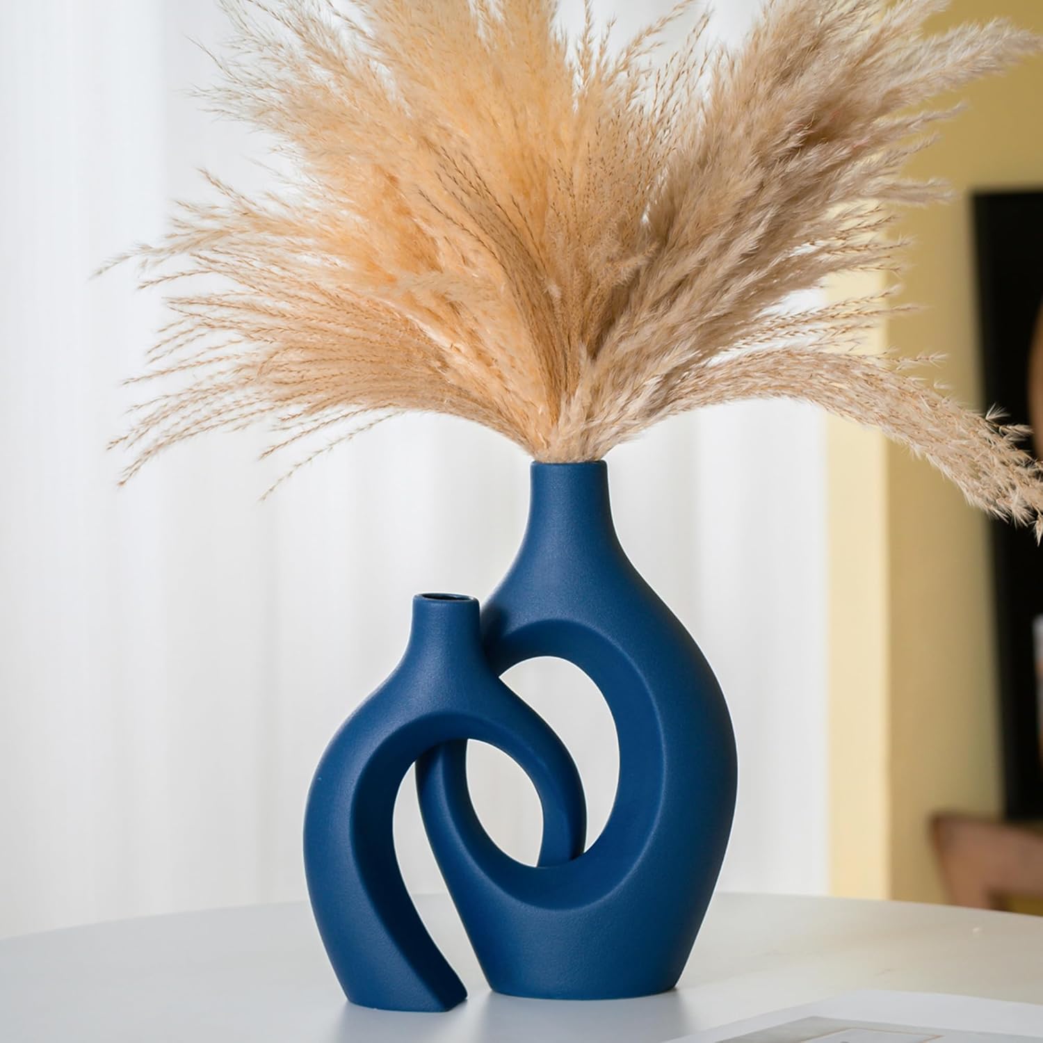 Snuggle Hollow Ceramic Vase Set of 2, Nordic Modern Boho ins Style Decorative Ceramic Aesthetic Flower Vase for Home Decor (Milky White W 6.3" X H 8.4")