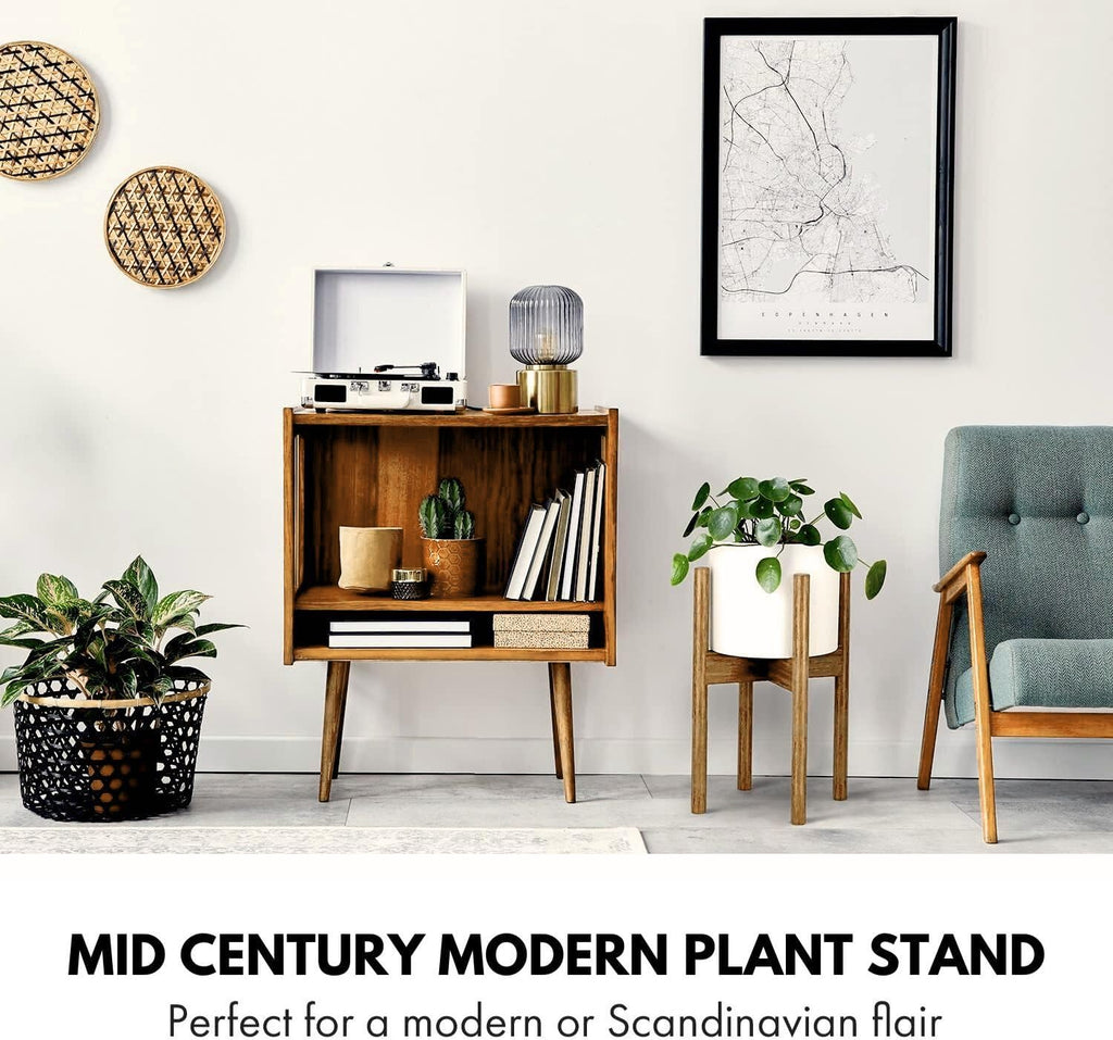 Fox & Fern Adjustable Plant Stand Indoor — 8 to 12 Inch Premium Mid Century Bamboo Plant Stand with Adjustable Width; Plug In Design; Easy to Assemble; Two Heights - For 8, 9, 10, 11 & 12 Inch Pots