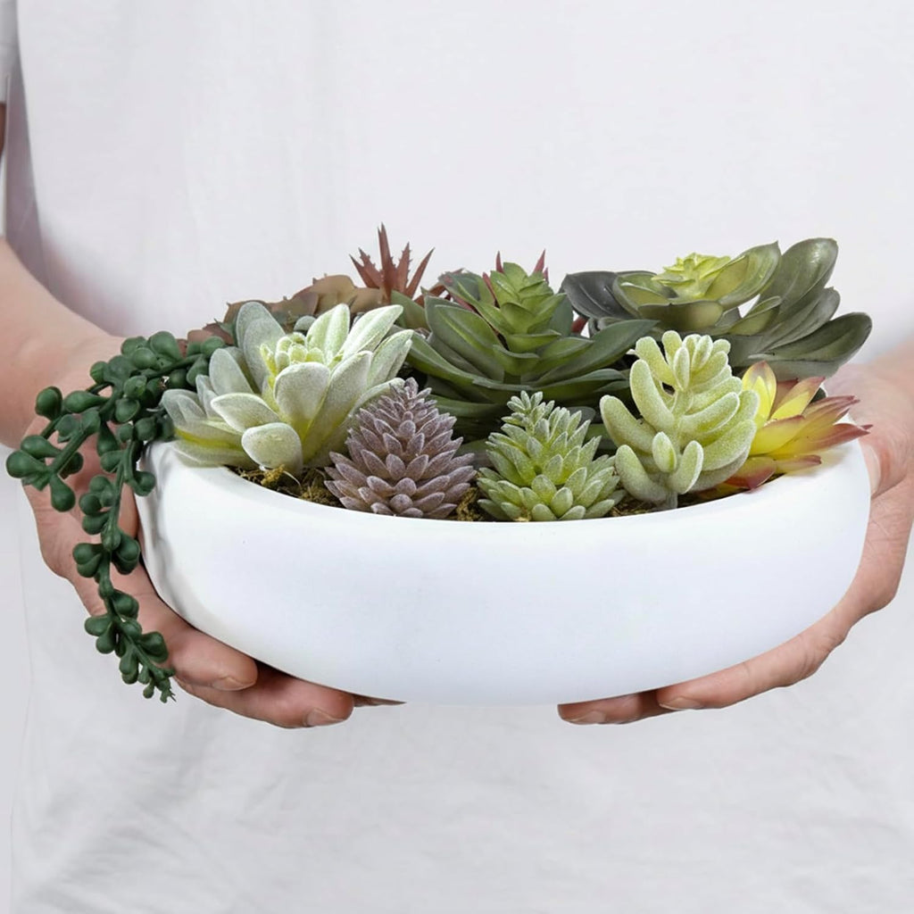 MyGift 8 Inch Round Modern Artificial Succulent Arrangement Potted in White Concrete Plant Bowl, Assorted Faux Mini Succulents in a Decorative Planter Pot
