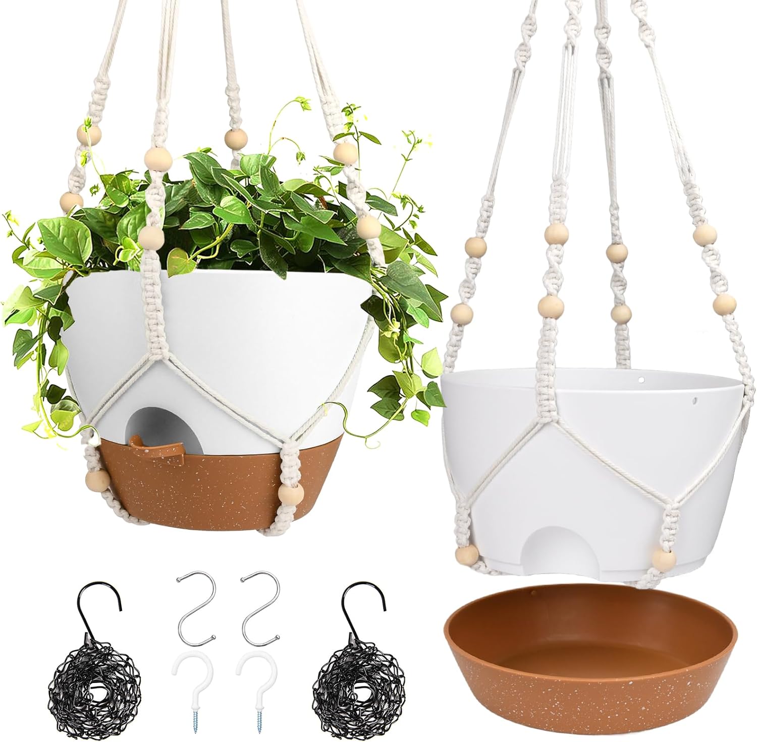 41.5 Inch Macrame Plant Hanger Indoor Outdoor with 12 Inch Flower Pot, Hanging Planter for Plants Holder with Wood Beads for Boho Home Decor (Ivory+White)