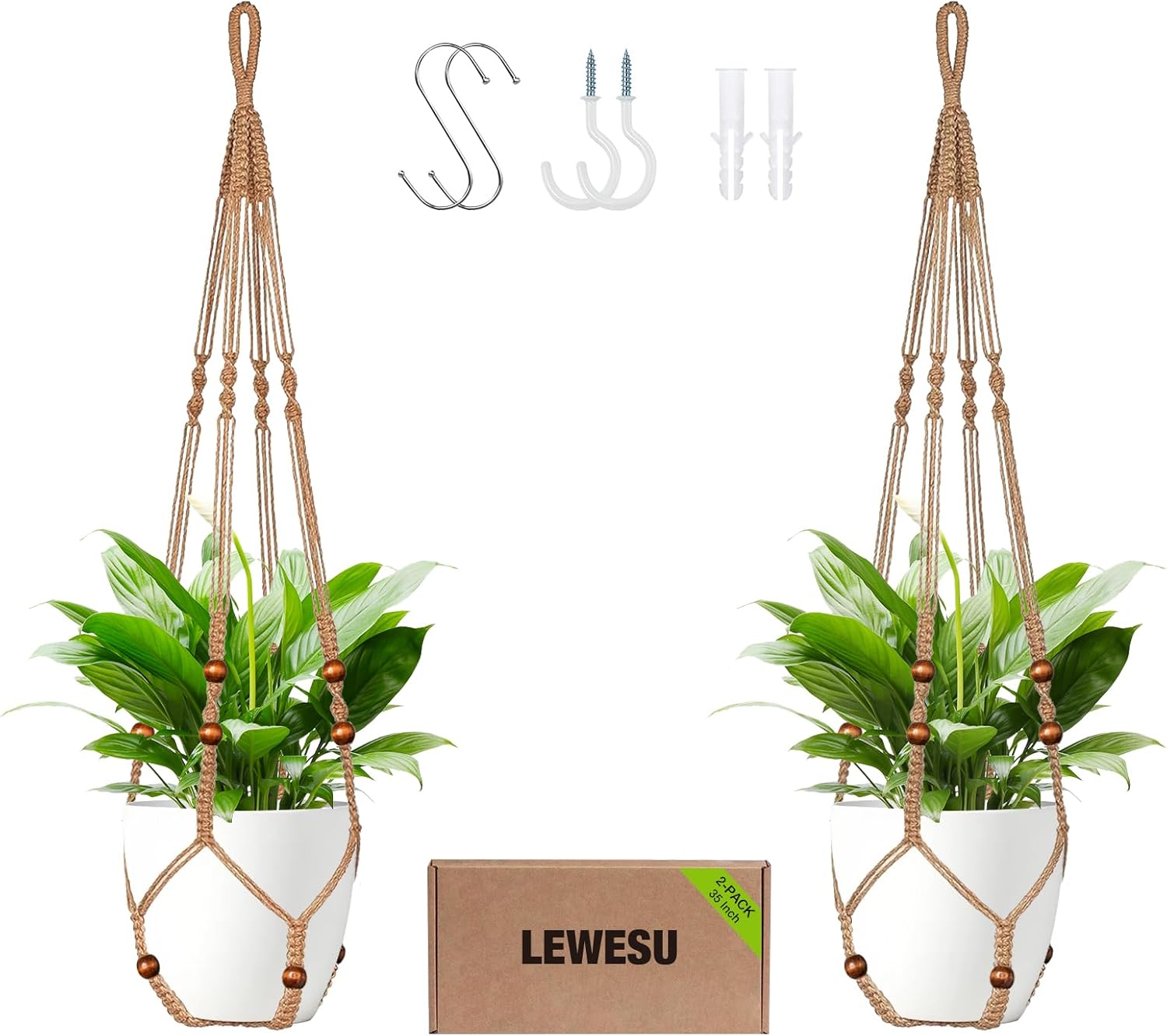 Jute Macrame Plant Hanger Indoor Set of 4 Hanging Planter Basket Flower Pot Holder with Decorative Wood Beads & No Tassels for Indoor Outdoor Boho Home Decor, 35 Inch Brown (Pots Not Included)