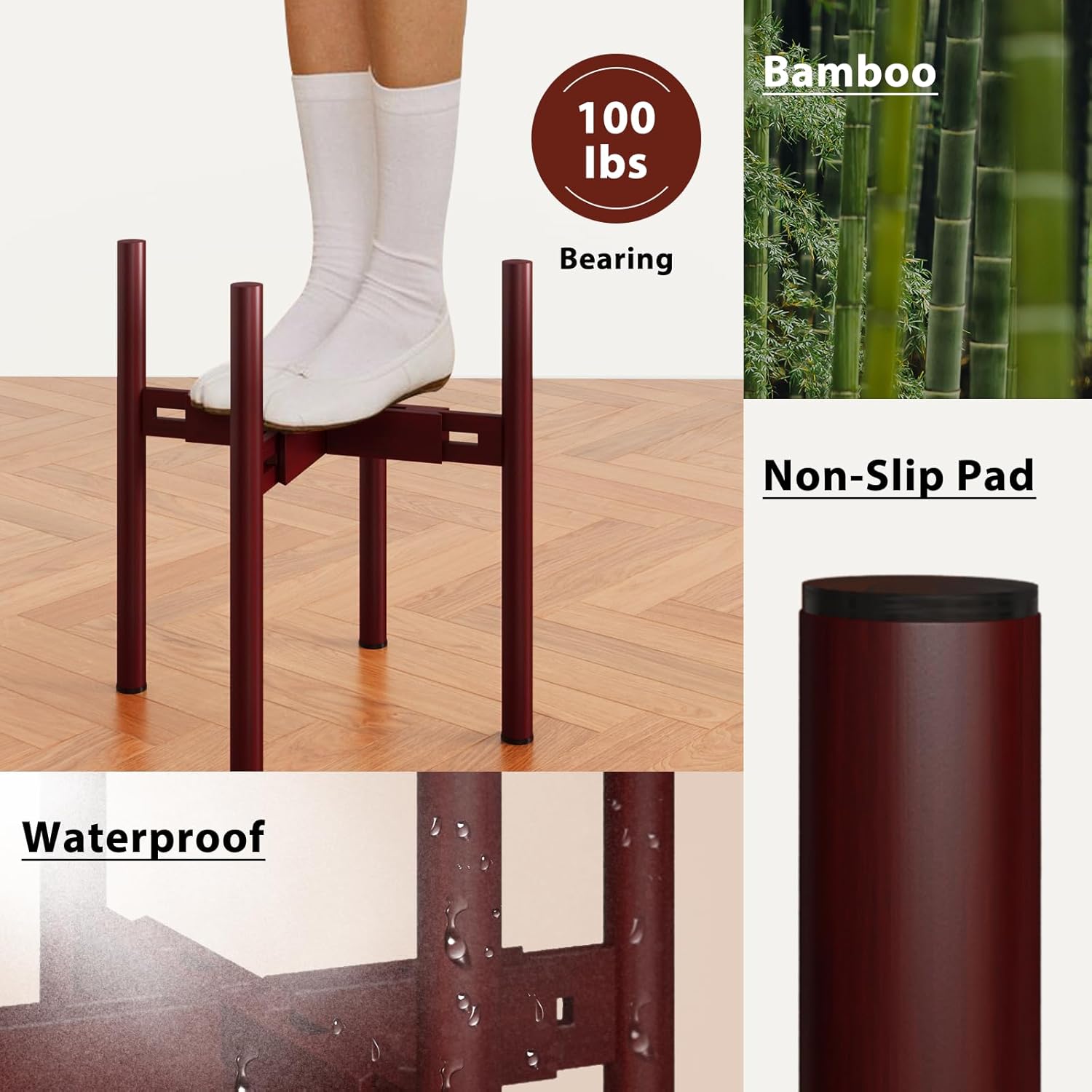 Adjustable Plant Stand Indoor, Bamboo Plant Holder 8 to 12 Inches, 3 Pack Single Floor Plant Stand for Living Room Balcony Bedroom, Reddish Brown