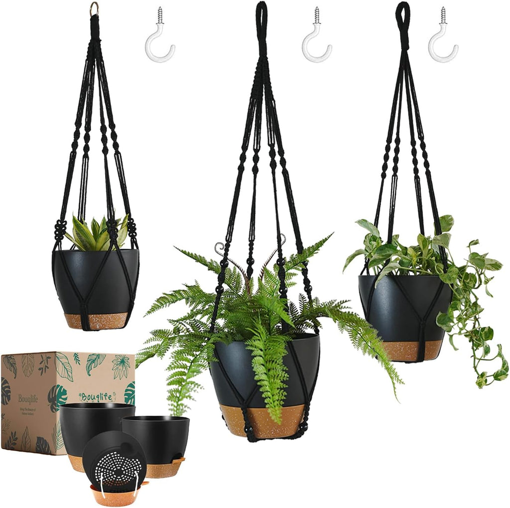 Larege Hanging Planters with Macrame Plant Hangers for Indoor Outdoor Plants 3 Set 10" / 8" / 7" Self Watering Pots Hanging Baskets Flower Pot Holders 3 Different Size Green Large