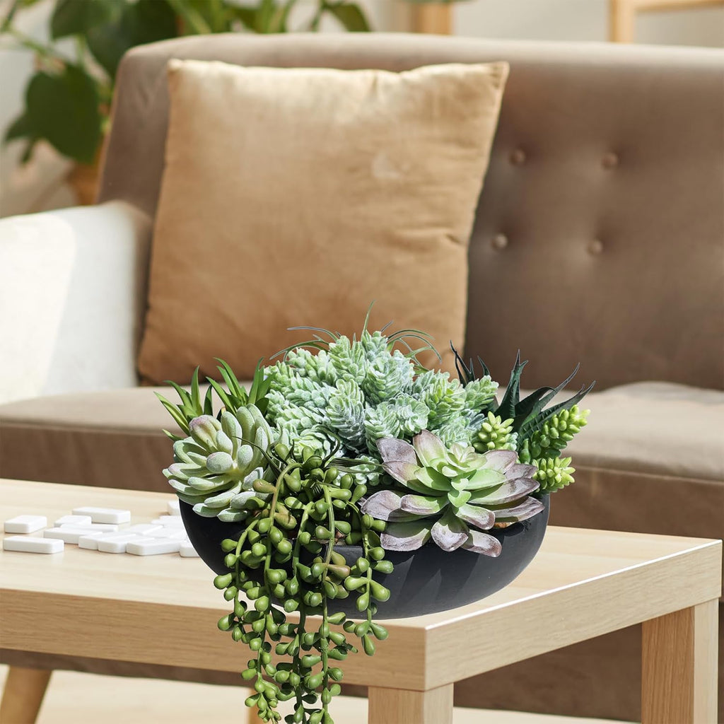 Winlyn 9" Artificial Succulent Arrangement Succulent Plants in Black Round Planter Faux Potted Succulents for Home Office Bedroom Kitchen Bathroom Table Centerpiece Windowsill Shelf Mantel Decor