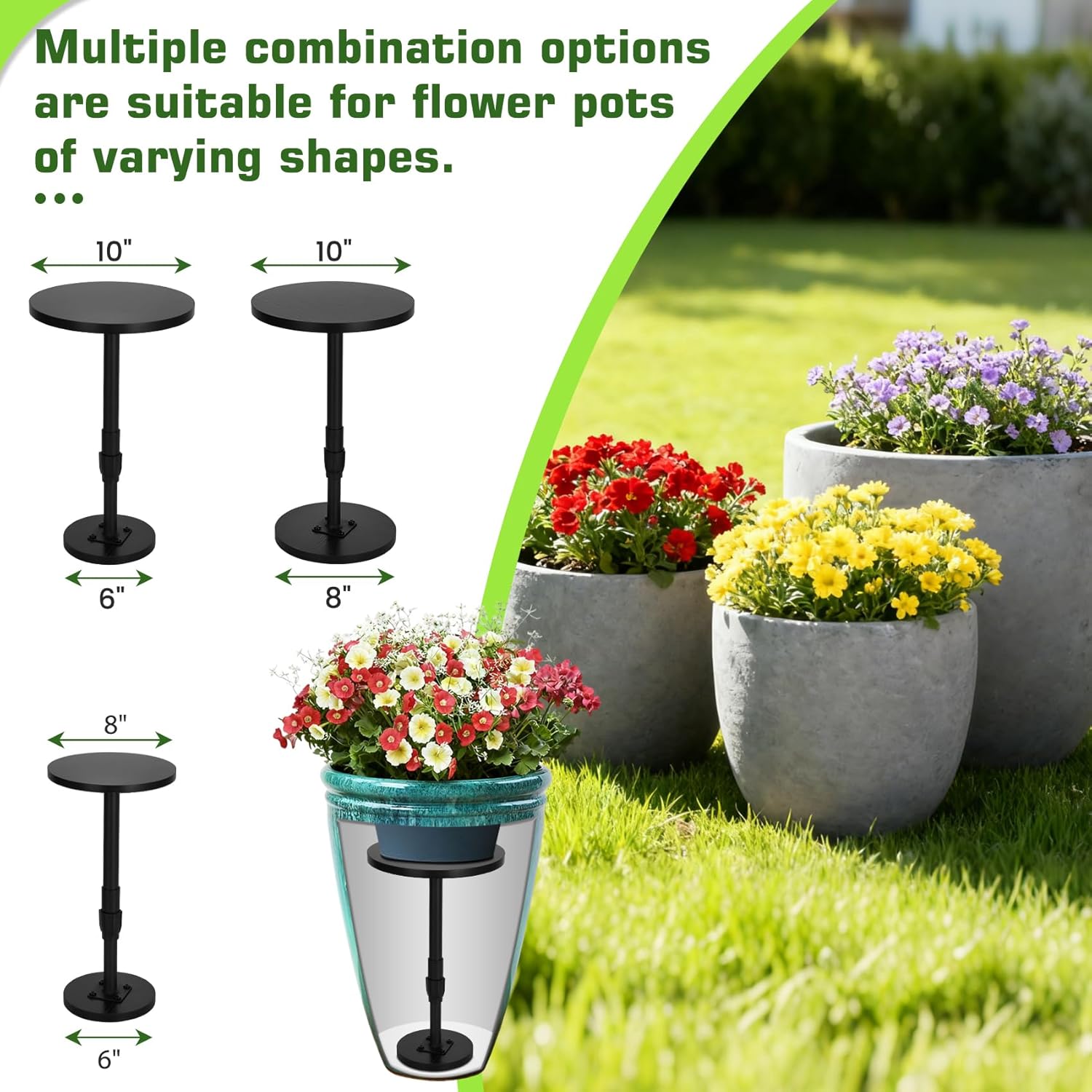 Adjustable Height Plant Risers for Pots Indoor & Outdoor 2 PCS , 12-21" Height, 6/8/10" Base - Iron Rise Plant Fillers Risers for Tall, Square, Round, Tapered Planters