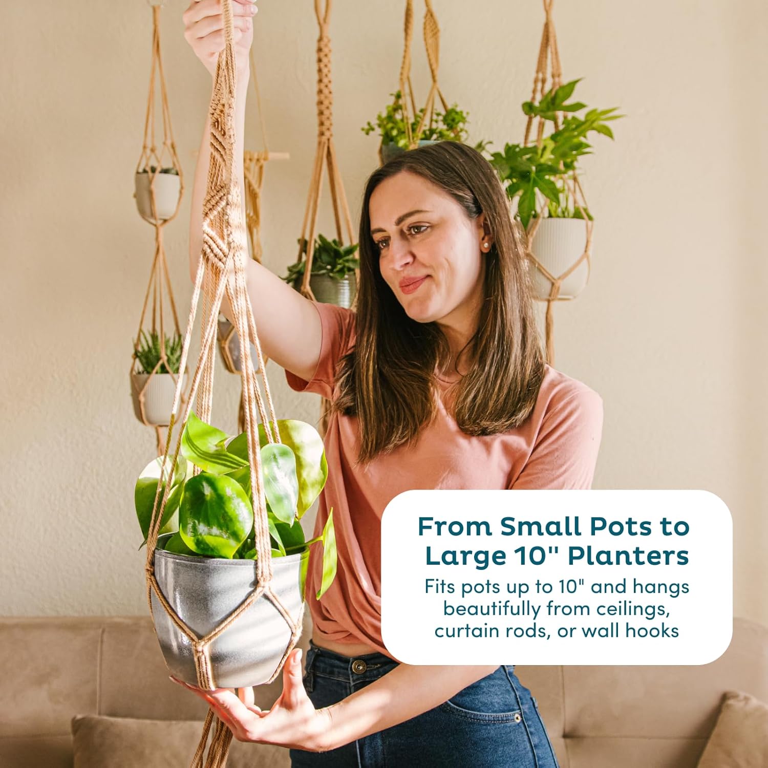 Nook Theory 6-Pack Macrame Plant Hangers with 12 Hooks - Hanging Planters for Indoor Plants, Boho Macrame Hangers Indoor Outdoor, Decorative Plant Hanger Indoor (Caramel)