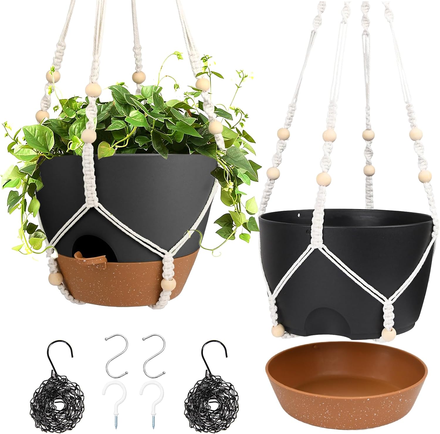 41.5 Inch Macrame Plant Hanger Indoor Outdoor with 12 Inch Flower Pot, Hanging Planter for Plants Holder with Wood Beads for Boho Home Decor (Ivory+White)
