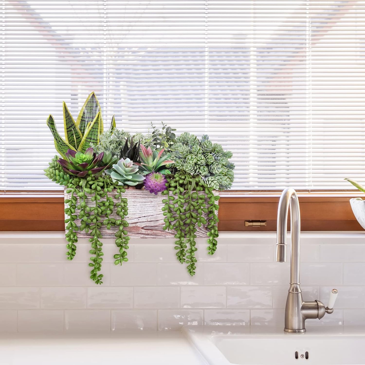 14 Pcs Assorted Artificial Succulents Fake Plants in Rectangular Wooden Pots Artificial Potted Succulents Plants Arrangement for Table Centerpiece Windowsill Shelf Mantel Tropical Greenery Decor