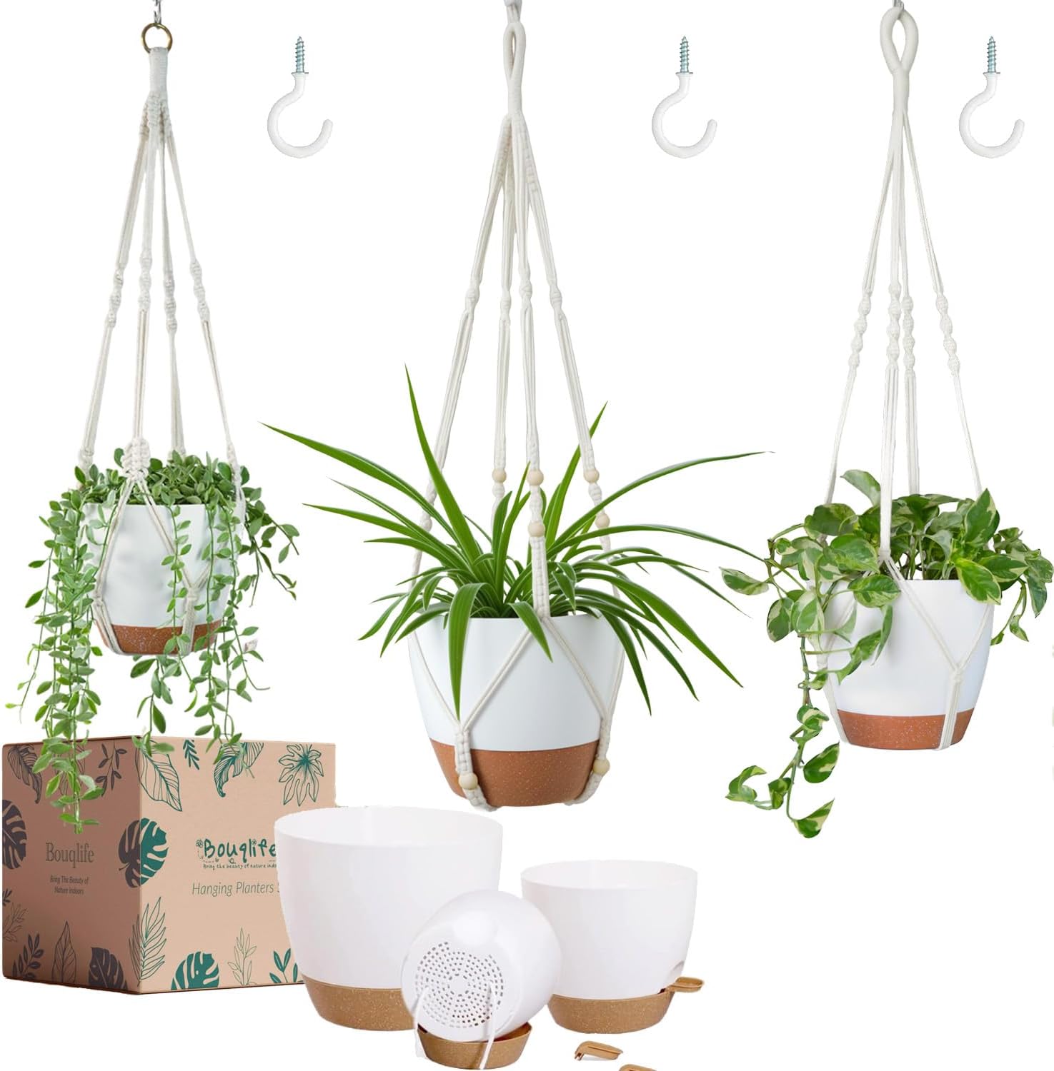 Larege Hanging Planters with Macrame Plant Hangers for Indoor Outdoor Plants 3 Set 10" / 8" / 7" Self Watering Pots Hanging Baskets Flower Pot Holders 3 Different Size Green Large