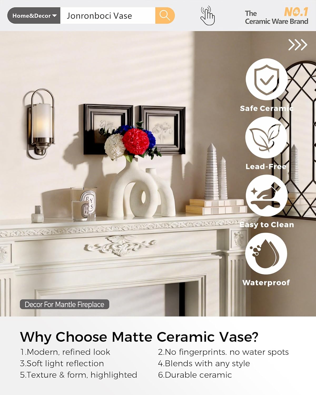 Hug Donut Decorative Vase Set - Modern Nordic Boho Style Vases Home Decor, Matte Ceramic Decorations for Living Room Shelf, Bookshelf Mantle Entryway Table or Console Décor (Cream White)