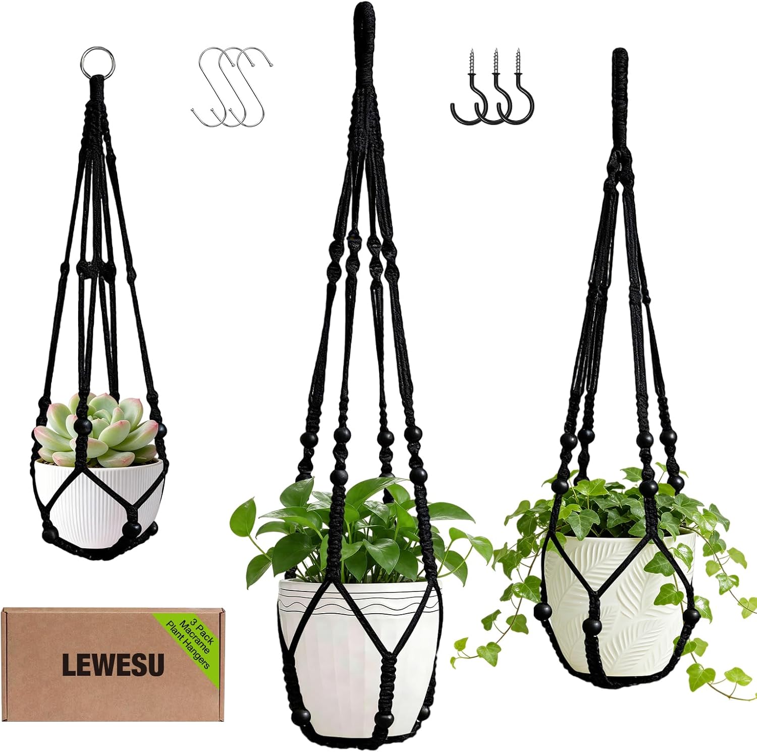 Jute Macrame Plant Hanger Indoor Set of 4 Hanging Planter Basket Flower Pot Holder with Decorative Wood Beads & No Tassels for Indoor Outdoor Boho Home Decor, 35 Inch Brown (Pots Not Included)