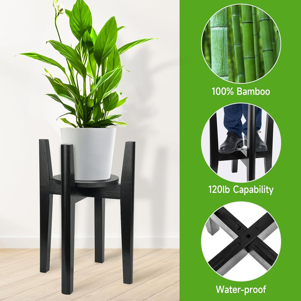 2 Packs Adjustable Plant Stand with Tray,Indoor Wood Plant Stand Fit 8'' to 12'' Planter,Mid Century Modern Flower Pot Holder Rack(Plant and Pot Not Included) Black