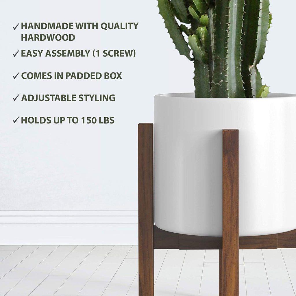 Mid Century Plant Stand - Solid Wood Item Stand Handmade with Acacia - Fits Medium & Large Pots Sizes 8 to 12 inches (Not Included) (Adjustable Width: 8-12 inches, Dark Brown)