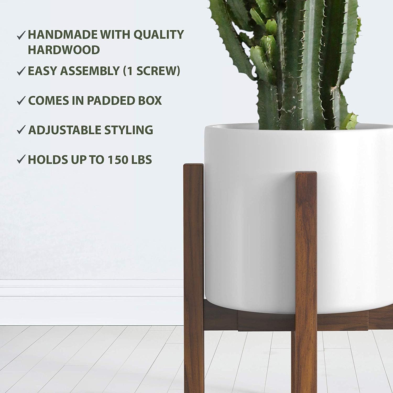 Mid Century Plant Stand - Solid Wood Item Stand Handmade with Acacia - Fits Medium & Large Pots Sizes 8 to 12 inches (Not Included) (Adjustable Width: 8-12 inches, Dark Brown)
