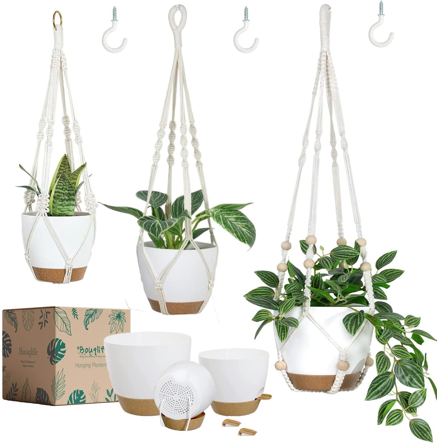 Set of 3 Hanging Planters for Indoor Plants with 10"/8"/7" Self-Watering Hanging Pots, Hanging Plant Pots with Drainage, 3 Different Size Macrame Plant Hangers with Hooks White Large