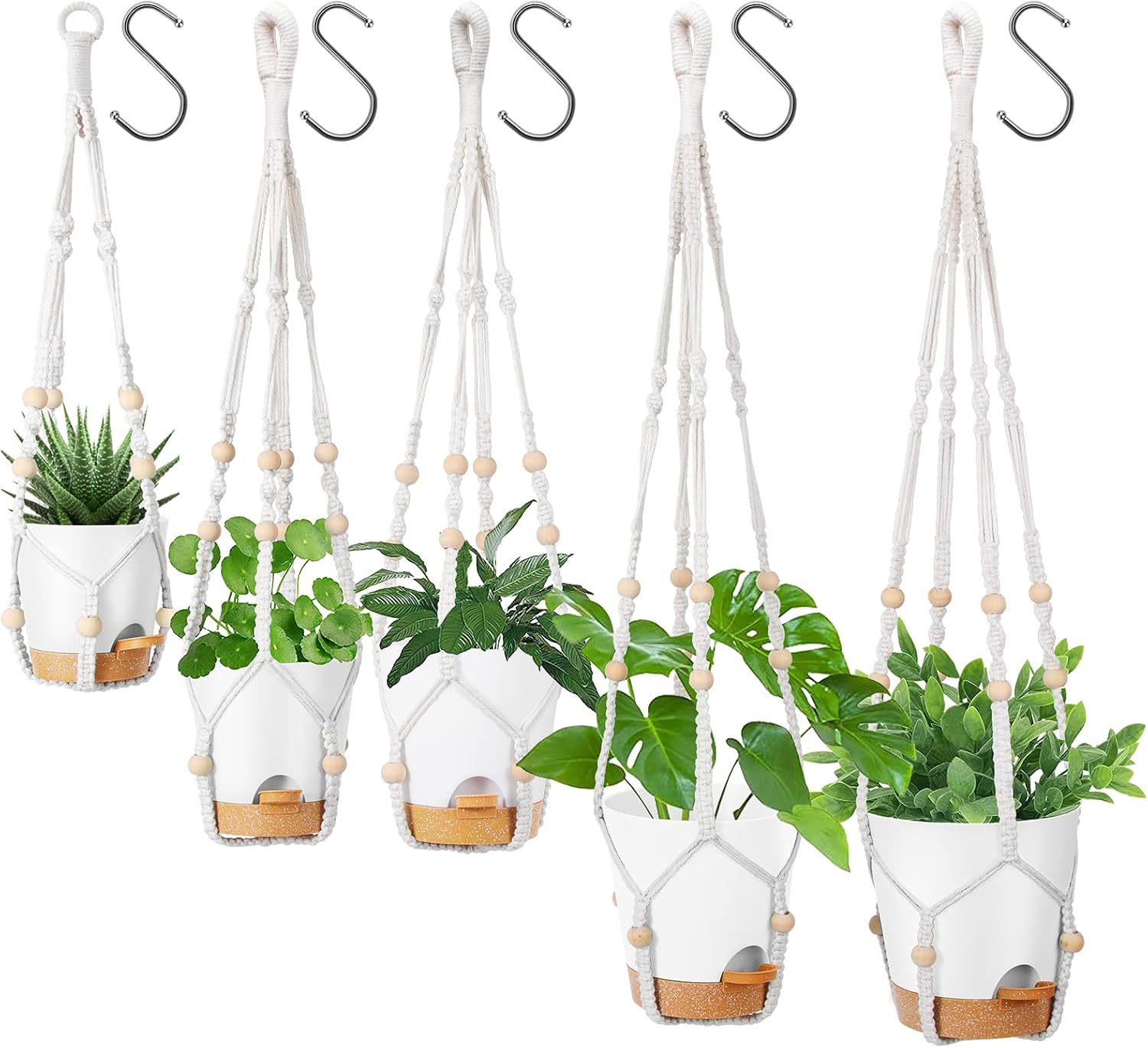 GARDIFE Hanging Planters for Indoor Plants,5Pcs Hanging Basket for Indoor Boho Home Decor,Macrame Plant Hanger,35 Inches,29Inch,23Inch, Ivory,Self Watering Planters, 7/6.5/6/5.5/5 Inch,Black&Black