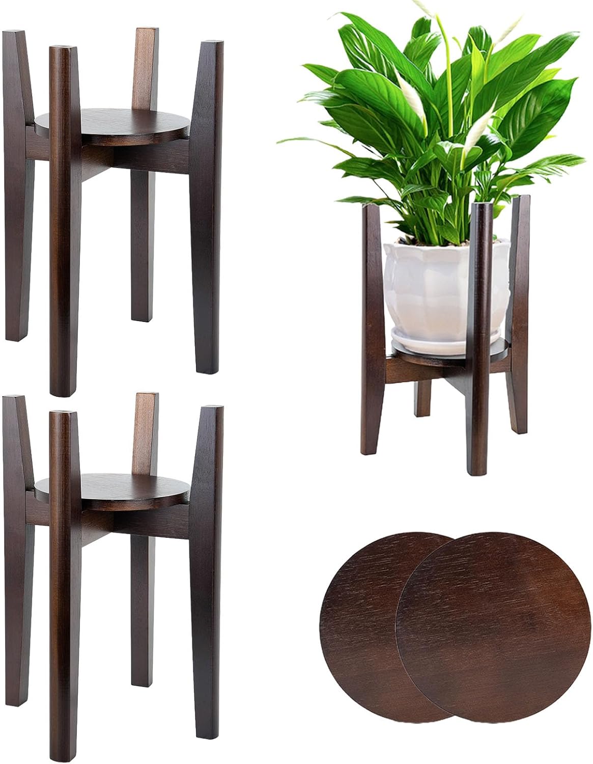 2 Packs Adjustable Plant Stand with Tray,Indoor Wood Plant Stand Fit 8'' to 12'' Planter,Mid Century Modern Flower Pot Holder Rack(Plant and Pot Not Included) Black