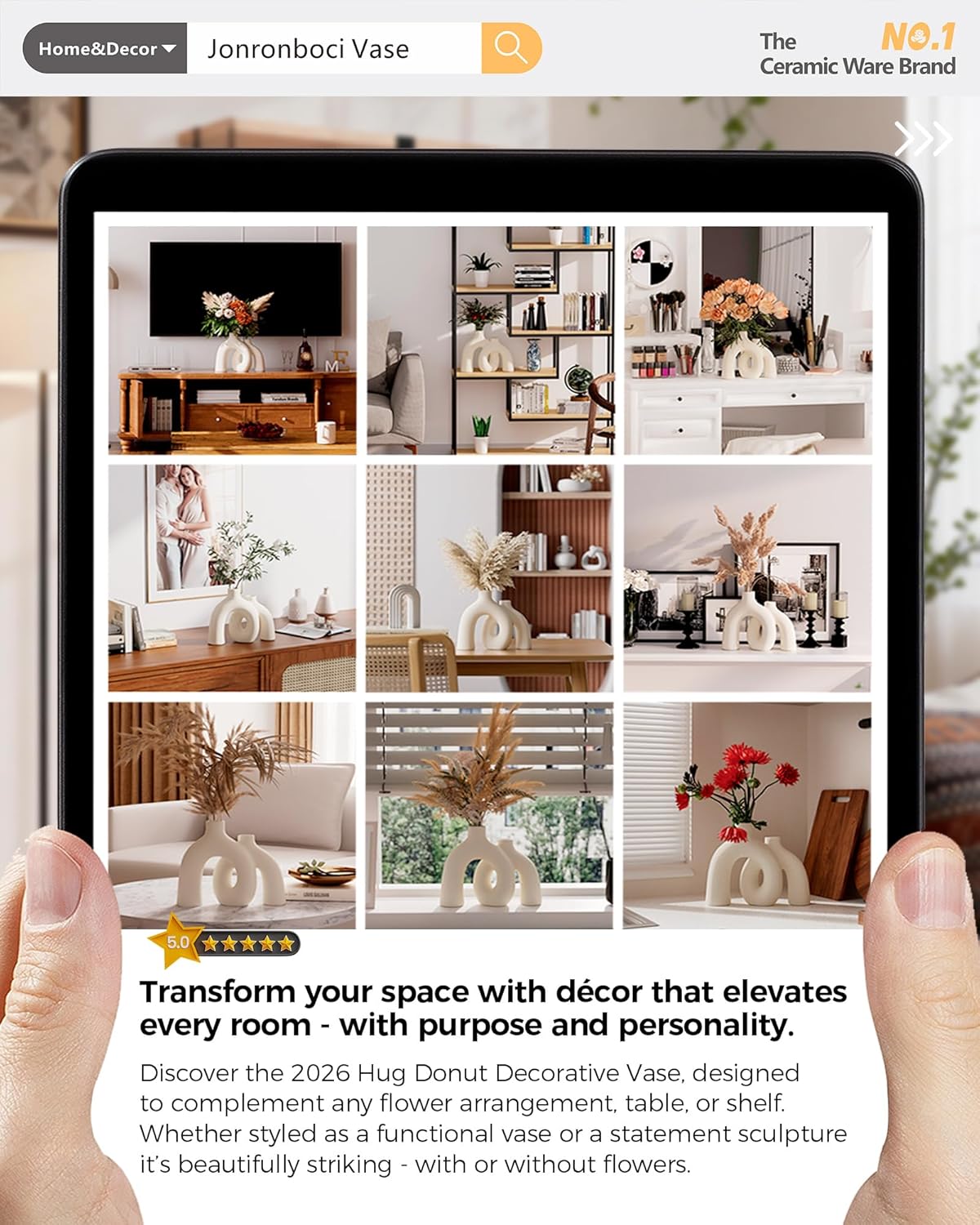 Hug Donut Decorative Vase Set - Modern Nordic Boho Style Vases Home Decor, Matte Ceramic Decorations for Living Room Shelf, Bookshelf Mantle Entryway Table or Console Décor (Cream White)