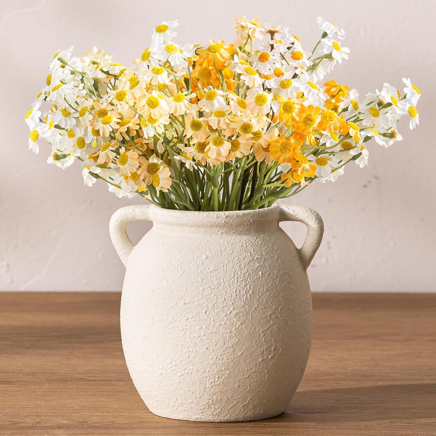 Ceramic Flower Vase 7.6 inch Farmhouse Rustic Vase Decorative Pottery Terracotta Vases for Home Decor Table Mantle Fireplace Living Room Bathroom Wedding Centerpiece (Whitewashed)