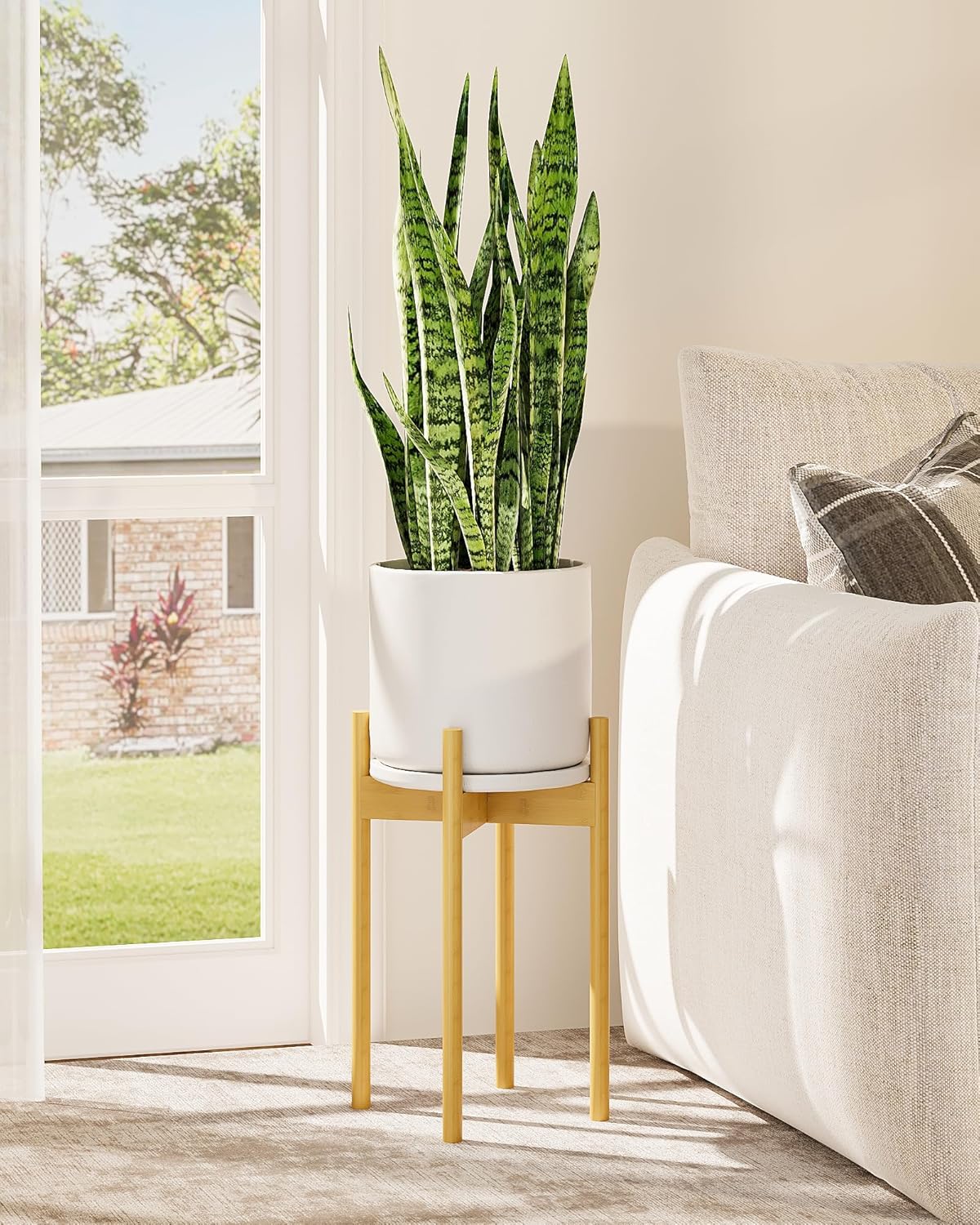 Adjustable Plant Stand Indoor, Bamboo Plant Holder 8 to 12 Inches, 3 Pack Single Floor Plant Stand for Living Room Balcony Bedroom, Reddish Brown