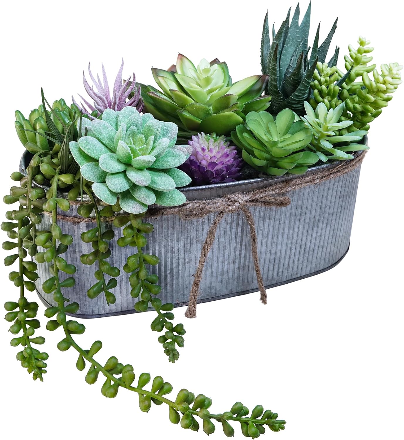 Winlyn 10" Artificial Succulent Arrangement Centerpiece Fake Succulent Plants in Rustic Metal Oval Planter Faux Potted Succulents for Home Office Bedroom Table Windowsill Shelf Mantel Decor