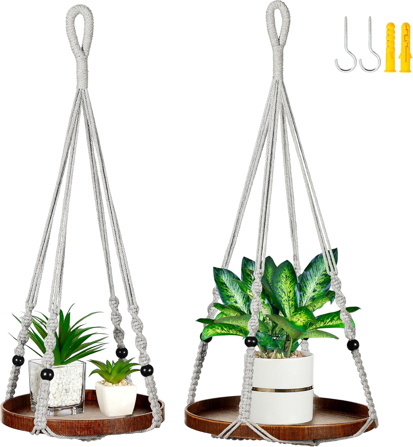 2 Pack Macrame Plant Hanger | Plant Hanger Indoor, Hanging Planter Shelf | Hanging Planter (Black) (1 Large + 1 Medium)