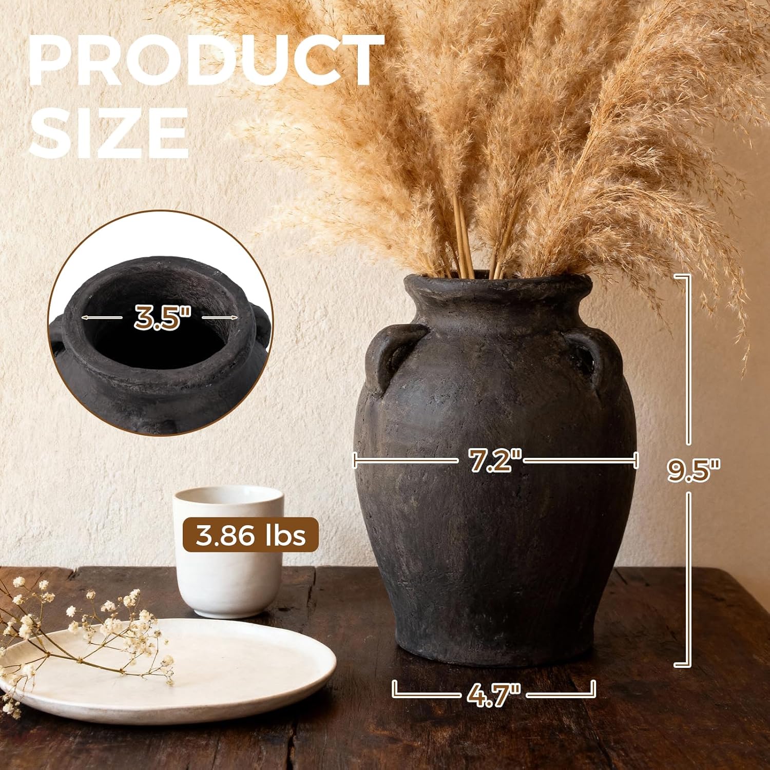 Rustic Ceramic Distressed Vase, 9.5"H Handmade Terracotta Vases with 3 Ear Handles, Decorative Flower Vase for Centerpieces, Vintage Wabi Sabi Farmhouse Decor for Entryway, Fireplace & Shelf