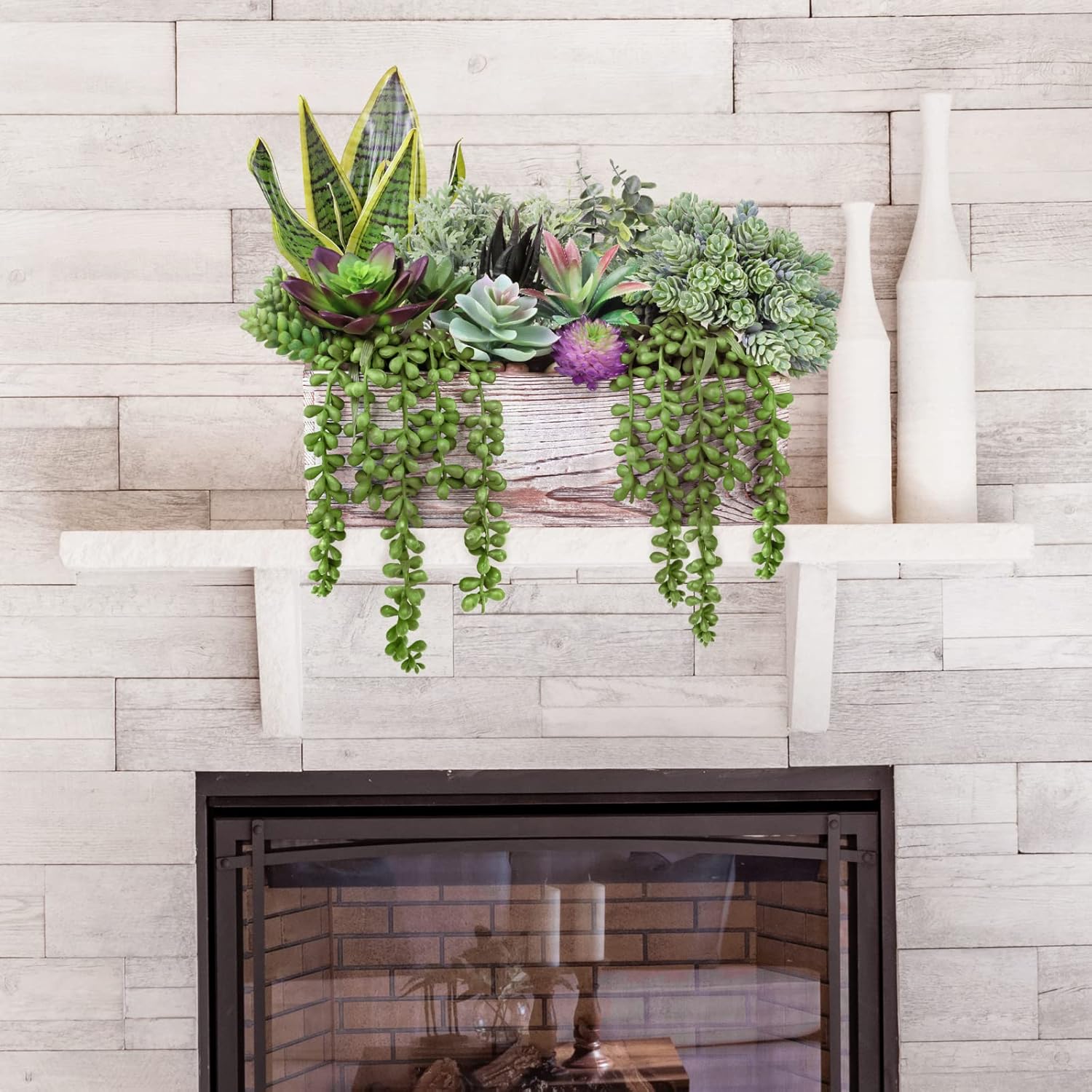 14 Pcs Assorted Artificial Succulents Fake Plants in Rectangular Wooden Pots Artificial Potted Succulents Plants Arrangement for Table Centerpiece Windowsill Shelf Mantel Tropical Greenery Decor